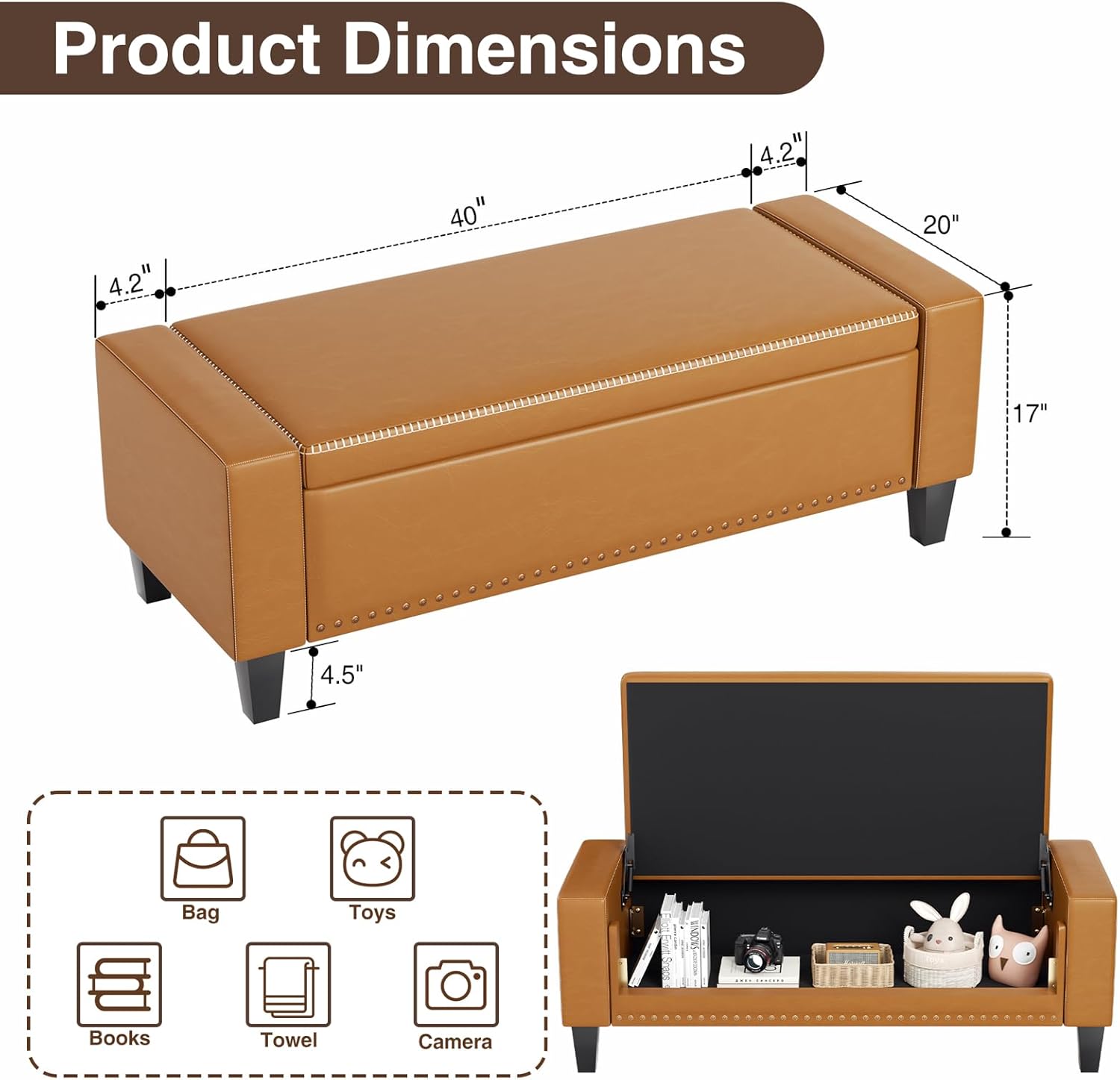 48.8" Storage Ottoman Bench Brown | Faux Leather Bedroom Bench with Lift Top for Living Room & Bed