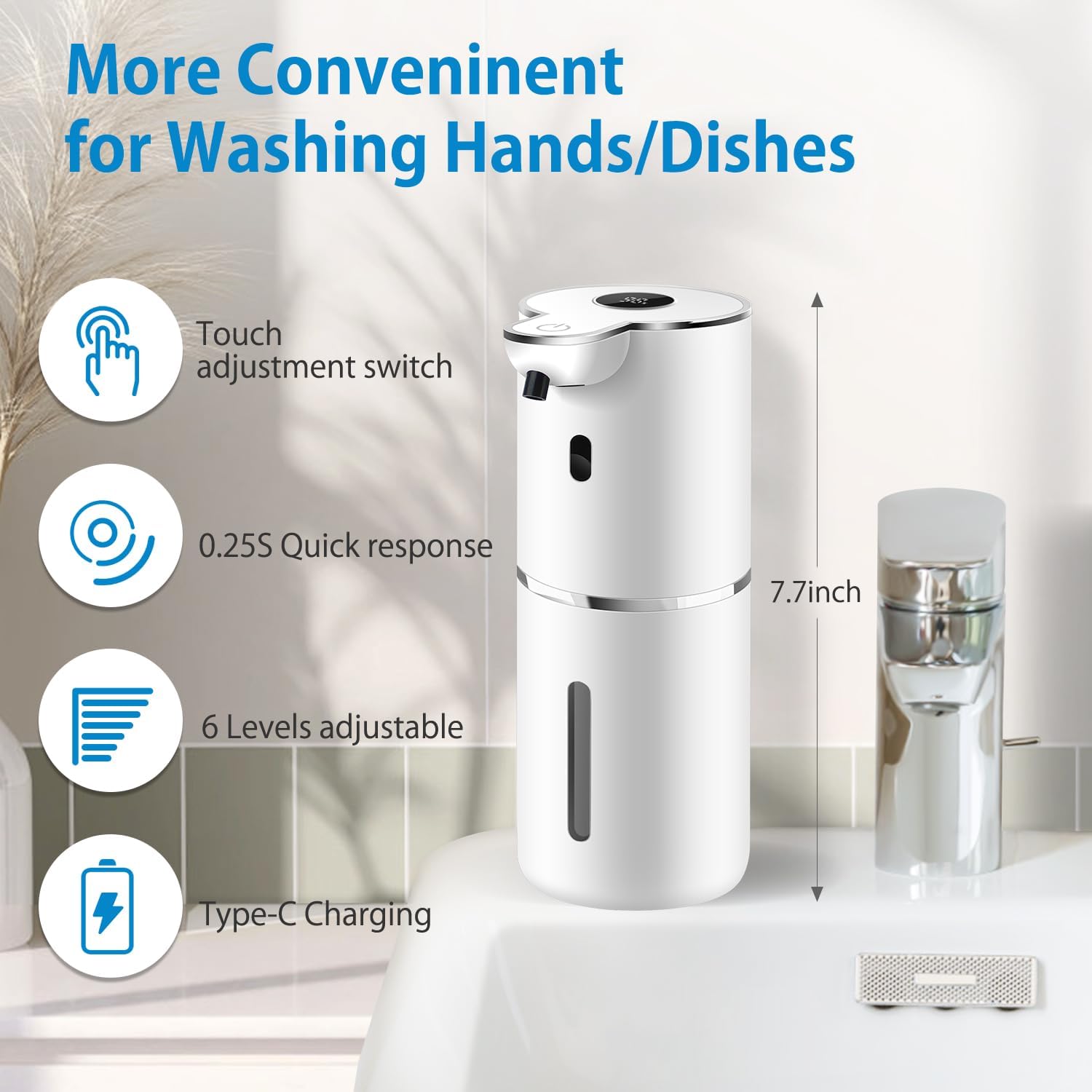 Automatic Liquid Soap Dispenser 12.8oz, Rechargeable & 6 Levels Soap Adjustable with Digital