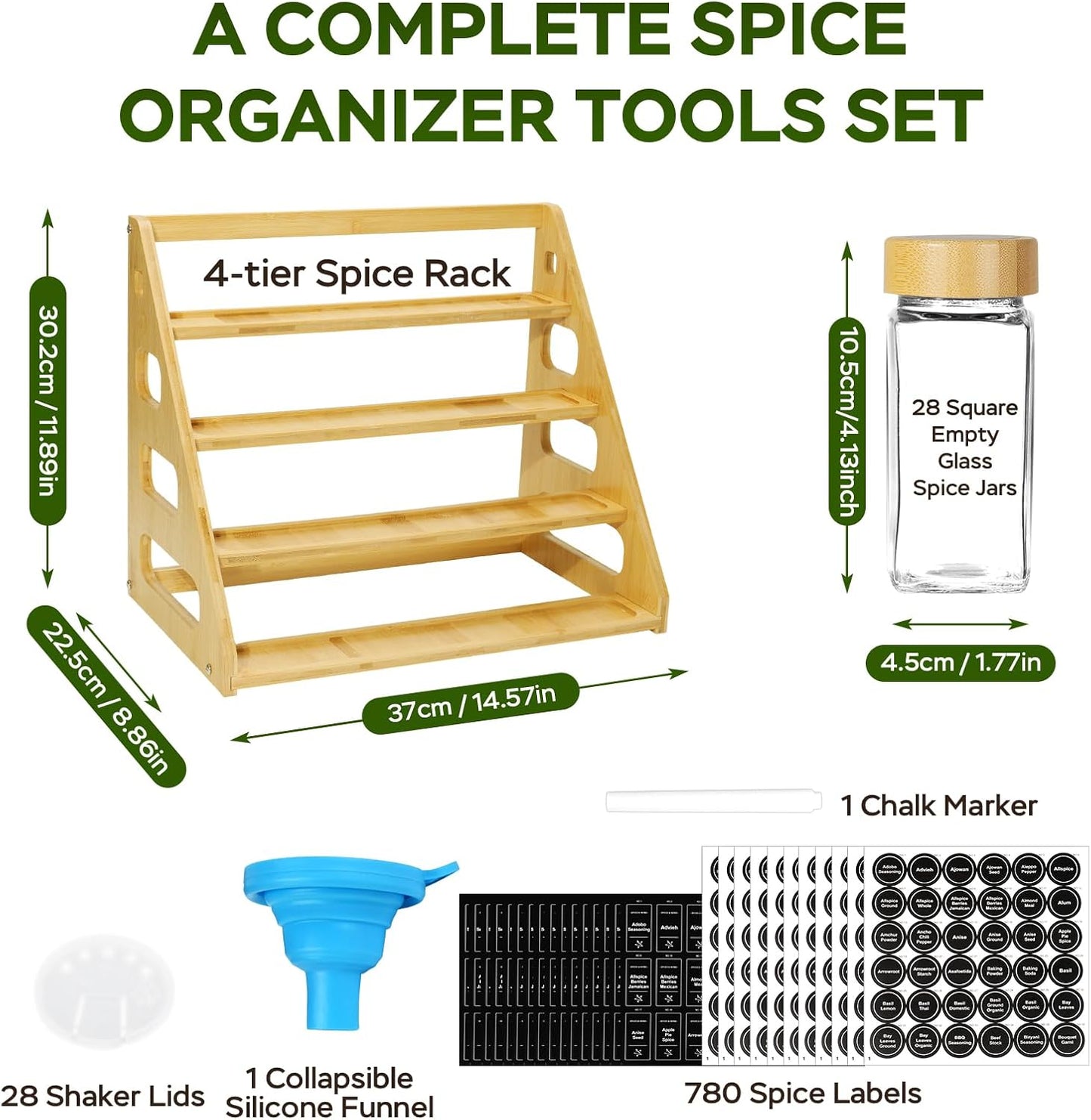 4 Tier Bamboo Spice Rack Organizer with 28 Spice Jars, 780 Labels, Wood Shelf, Chalk Marker and