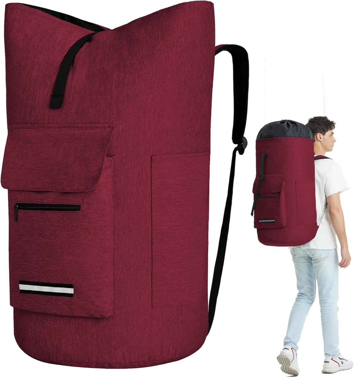 Laundry Bag With 4 Pockets，Laundry Bag With Shoulder Straps，Sturdy Laundry Backpack Heavy