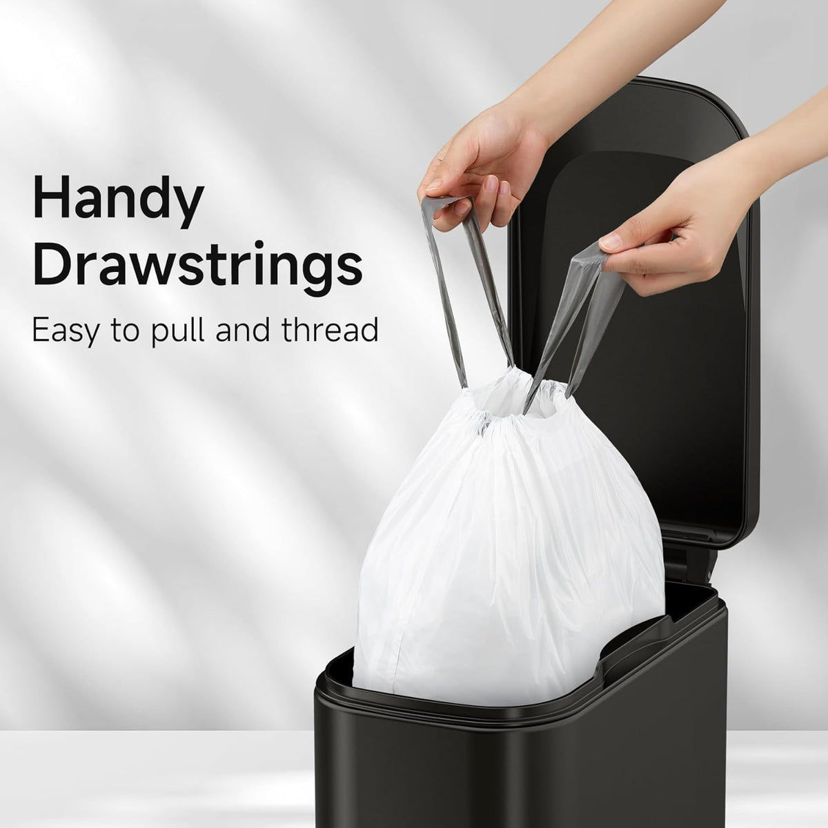 Drawstring 4 Gallon Trash Bags, Pre-Cut Strong Wastebasket Bin Liners, White Garbage Bags for Home