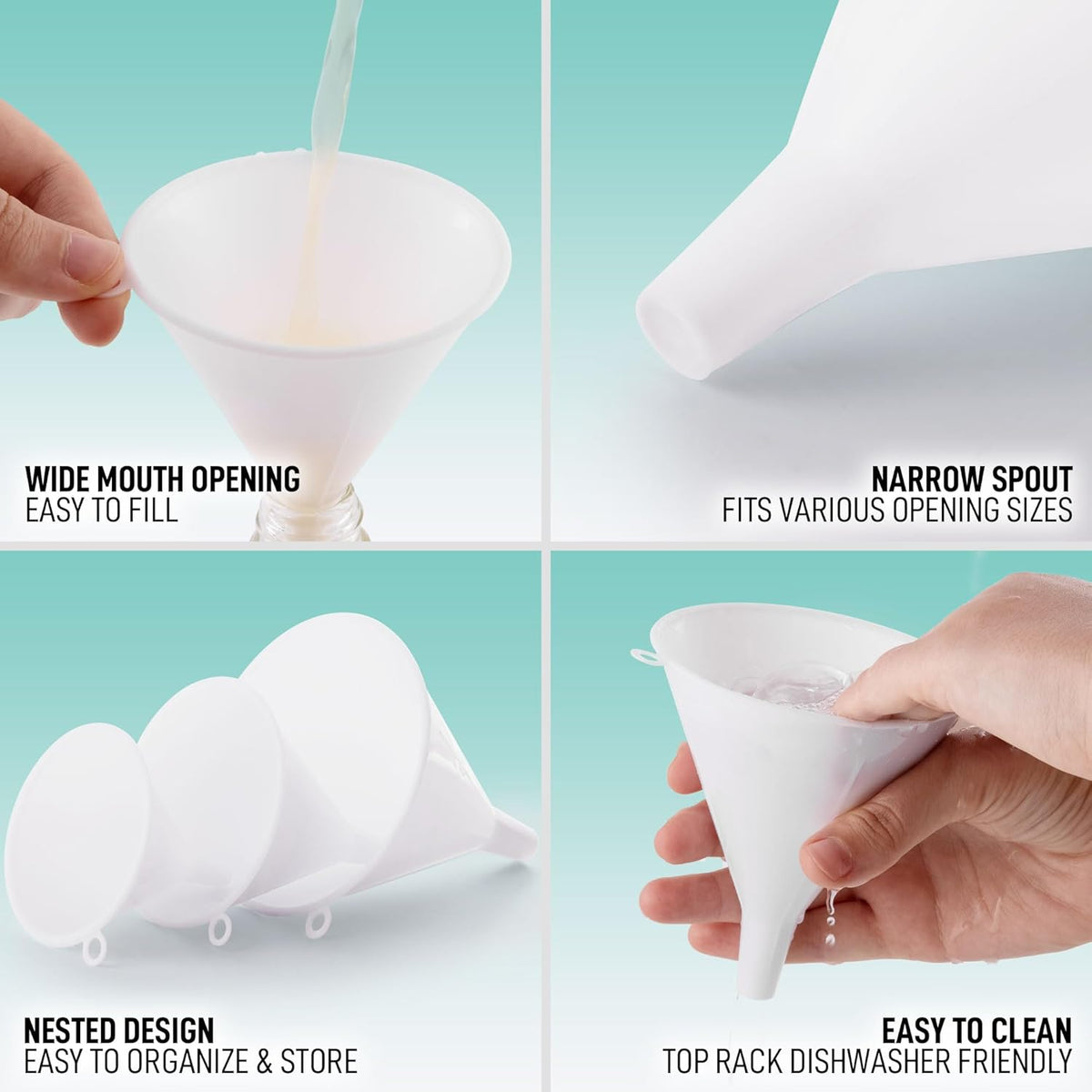 Zulay Kitchen 3-Piece Plastic Funnel Set - Large, Medium, and Small Kitchen Funnels Pouring Spout