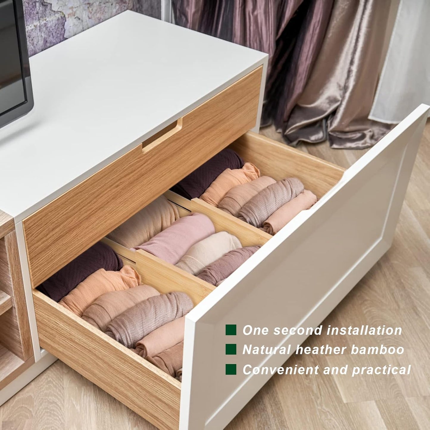 4 Pack Bamboo Drawer Dividers, Adjustable Length from 12 Inch to 17 Inch, Expandable Kitchen Drawer