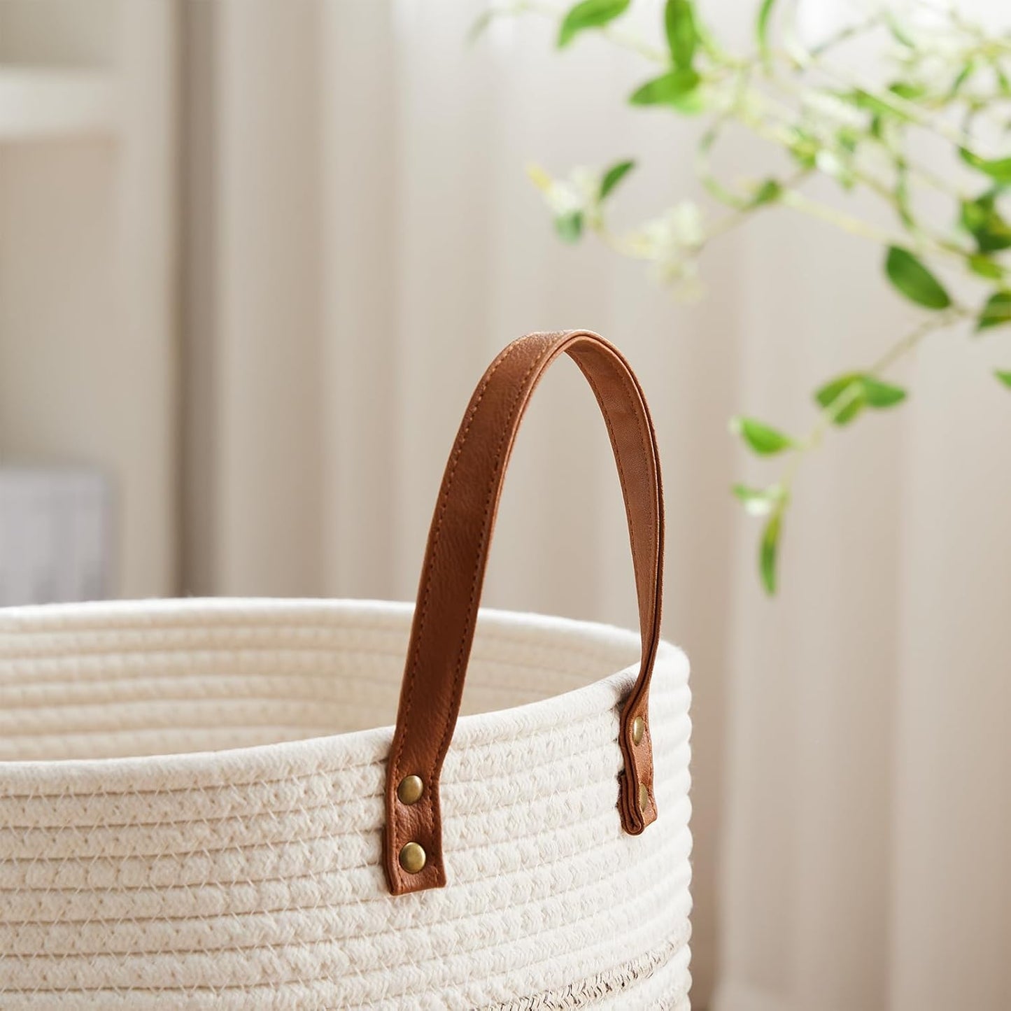 VIPOSCO Tall Laundry Basket, Large Dirty Clothes Hamper with Leather Handle, Woven Rope Storage
