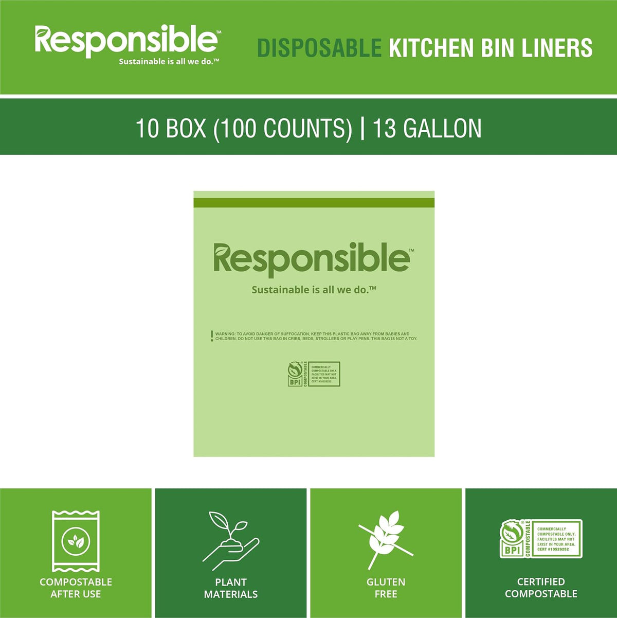 Responsible Products Kitchen Bin Liners, Certified Compostable, Heavy Duty Multipurpose Food Scrap