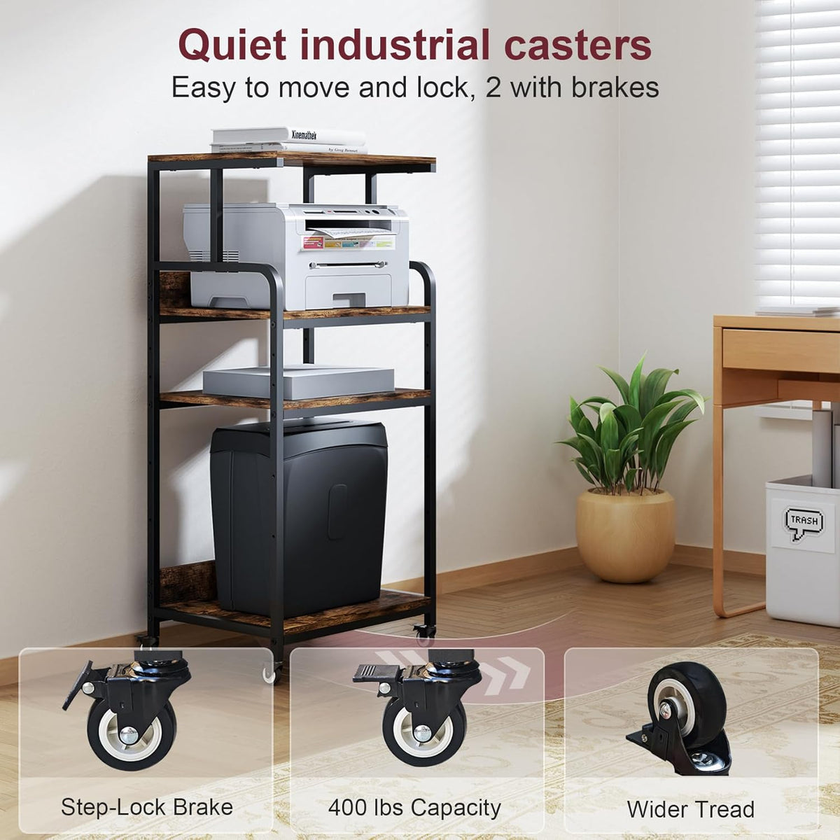 4 Tier Printer Stand with Storage Shelf, Large Tall Printer Table for Home Office, Movable Printer