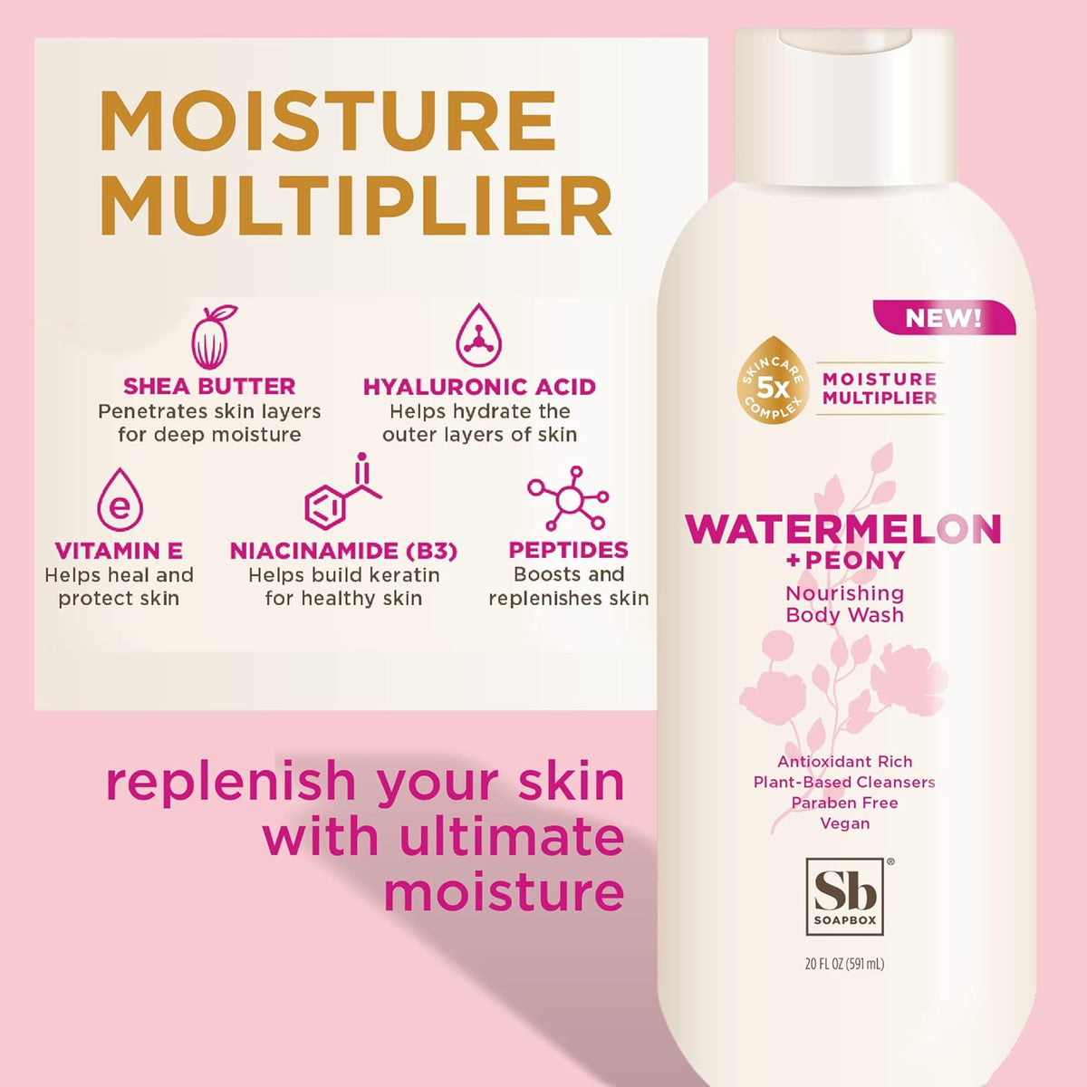 Soapbox Body Wash, Watermelon + Peony Body Wash for Women, Men, Vegan & Antioxidant Rich