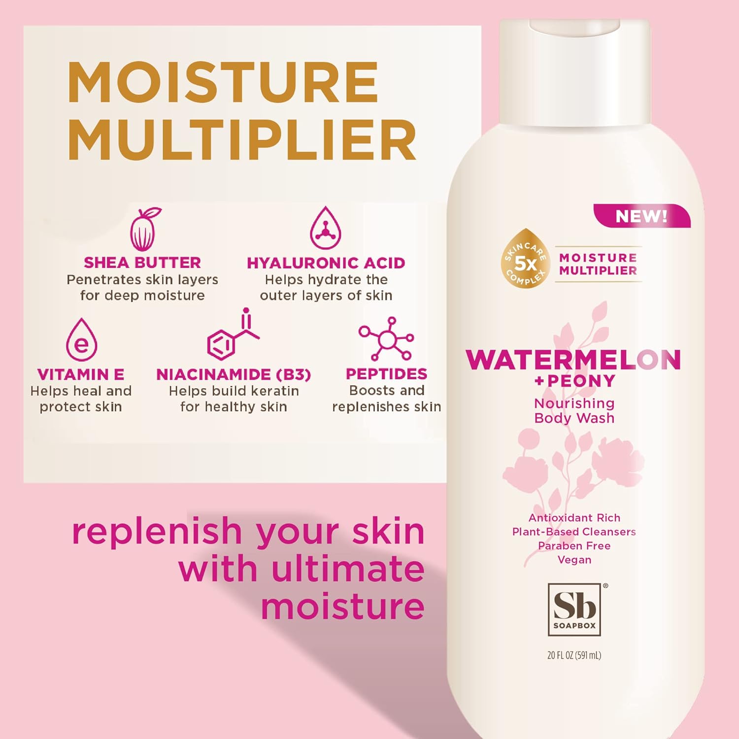 Soapbox Body Wash, Watermelon + Peony Body Wash for Women, Men, Vegan & Antioxidant Rich