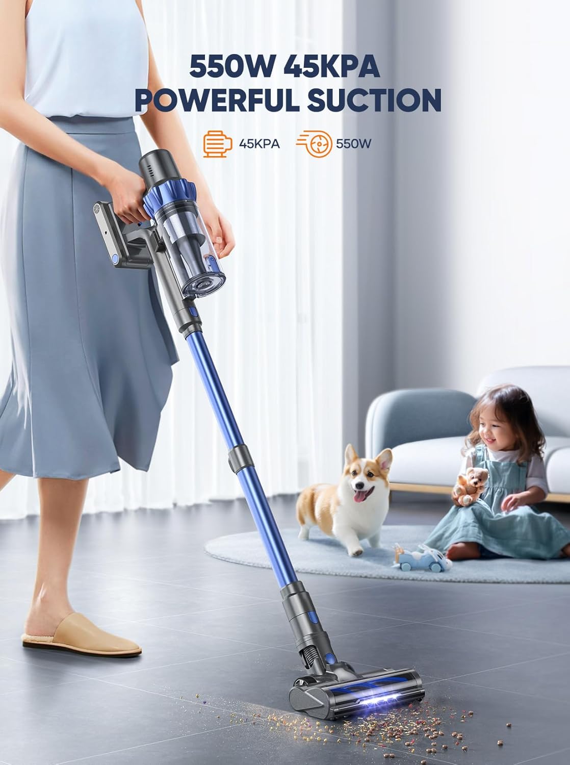Cordless Vacuum Cleaner, 45KPA 550W Vacuum Cleaners for Home, Stick Vacuum with Color Touch