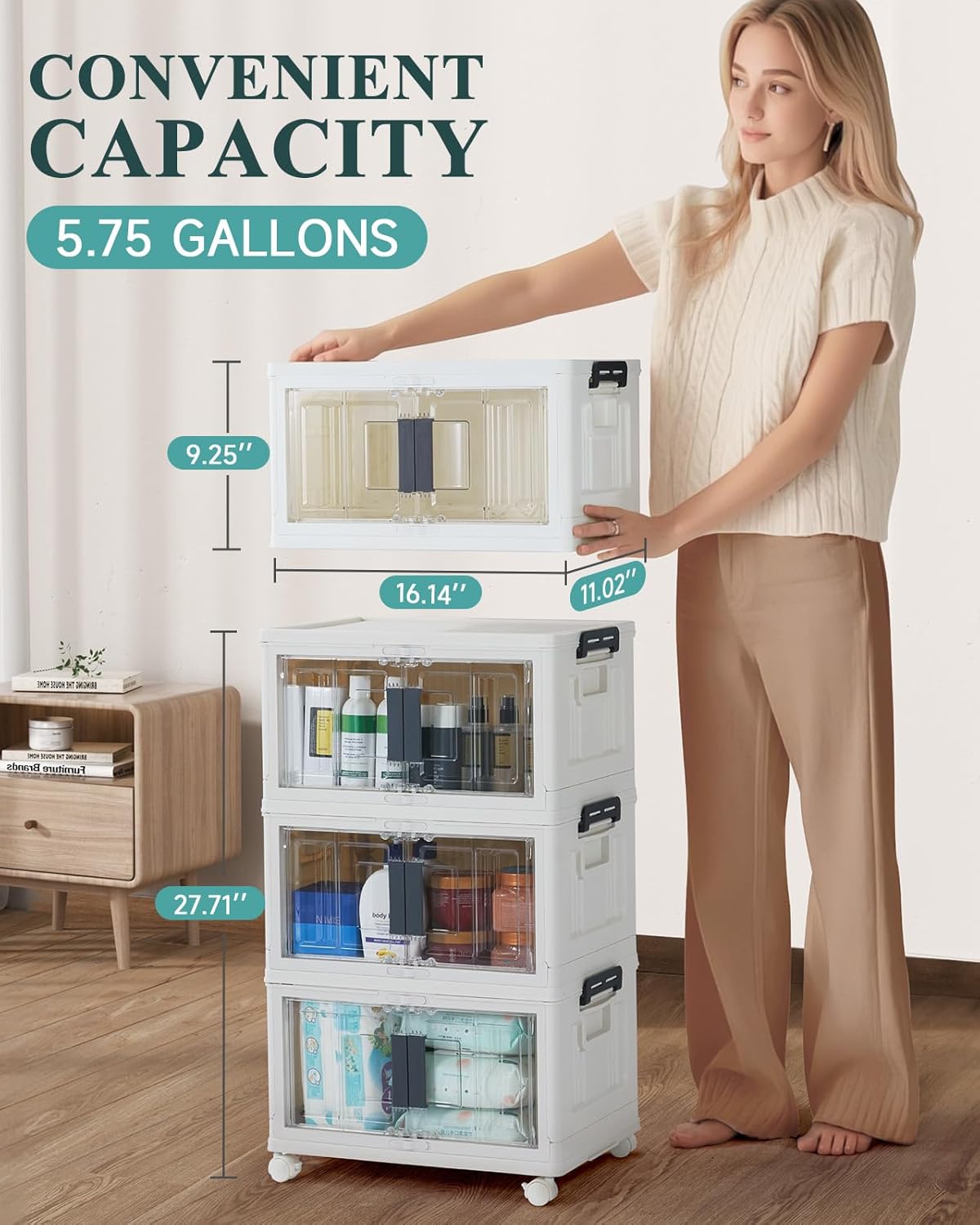 OlarHike 23QT Stackable Storage Bins with Lids - Folding Storage Box with Doors and Wheels