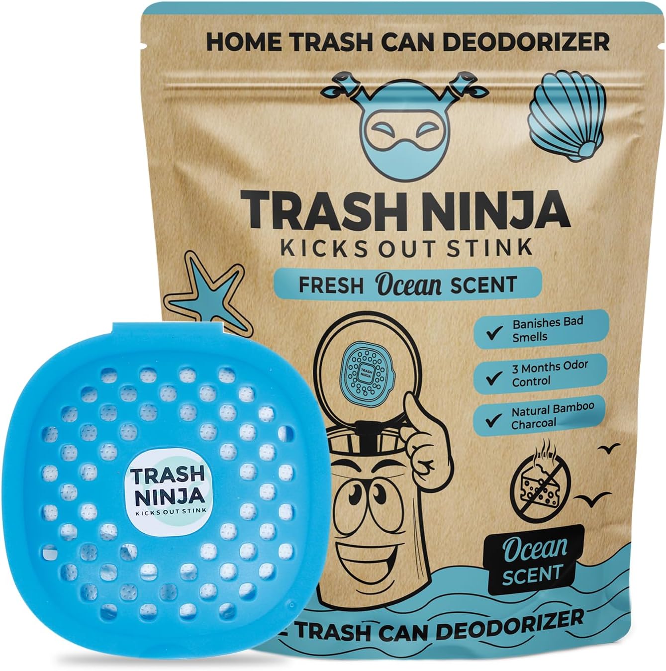 Trash Ninja Trash Can Deodorizer – Stick-On Air Freshener with Activated Charcoal and Fresh Ocean