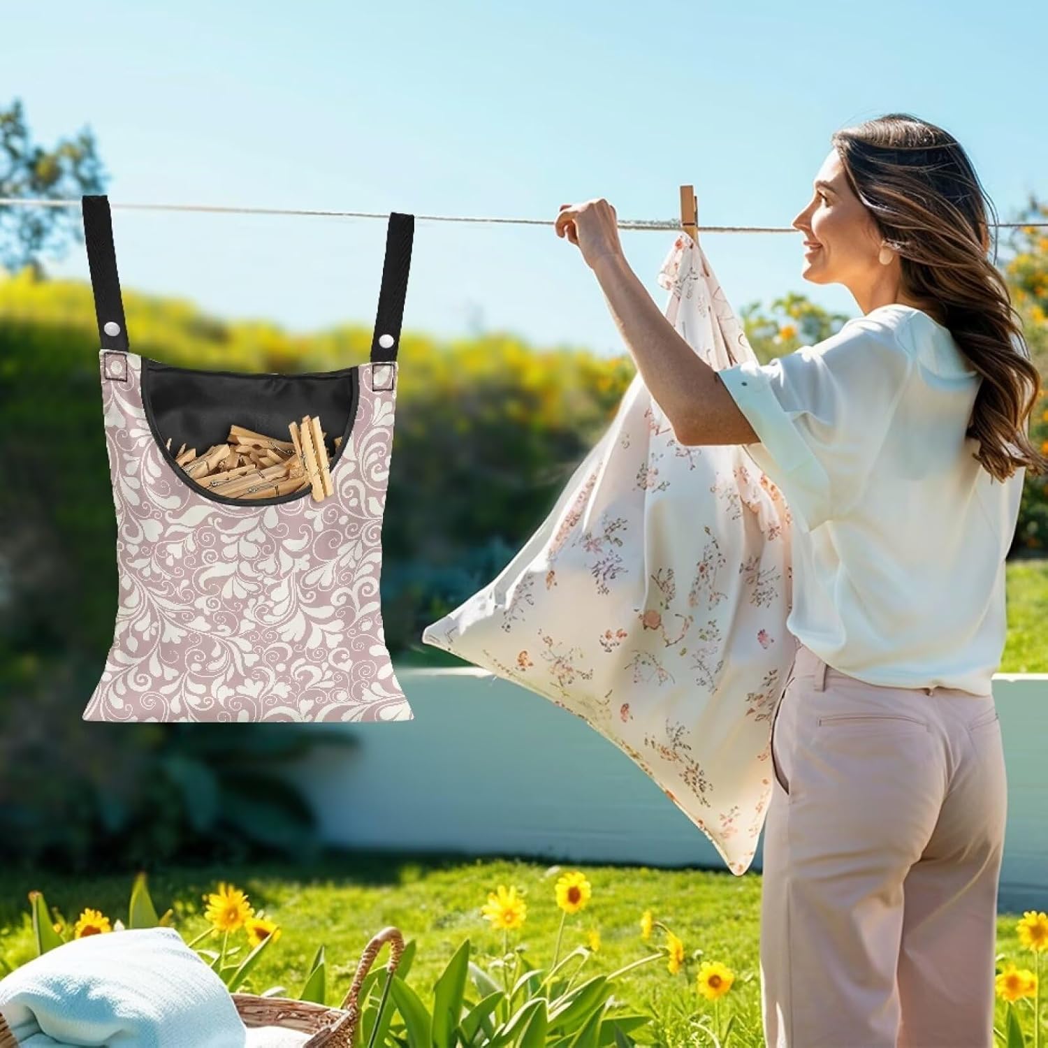 High Capacity Clothespin Holder Bag 14.5x12 Inches - Durable Outdoor Storage with Wide Opening for