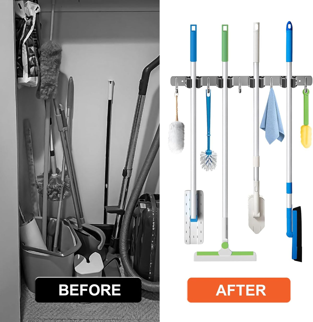 ZONGOOL 2 Pack Mop Broom Holder Wall Mount, 4 Racks and 5 Hooks Broom Organizer Storage Tool Racks
