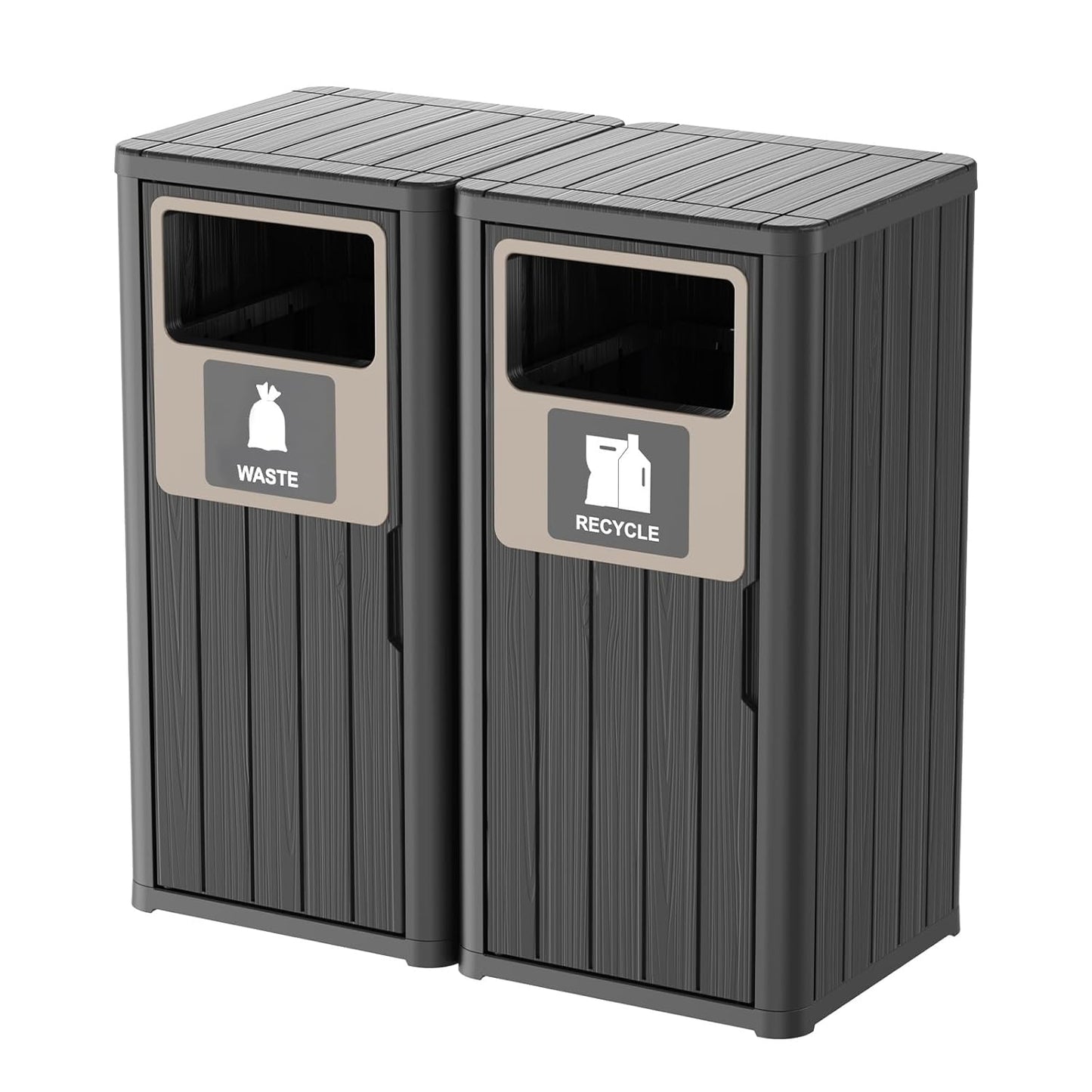 Outdoor Double Barrel Trash Can,Waterproof Resin Garbage Can with Garbage Labels,Durable Waste Bin