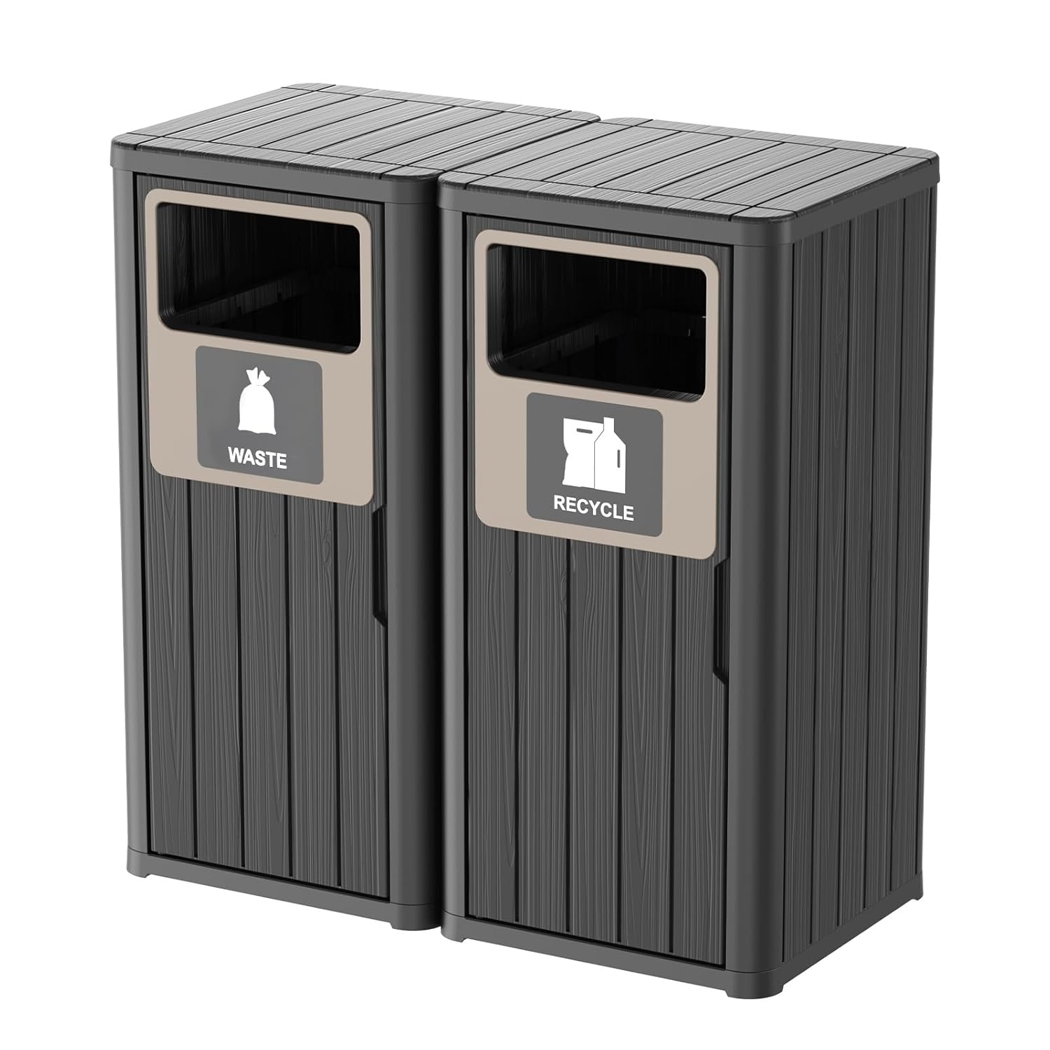 Outdoor Double Barrel Trash Can,Waterproof Resin Garbage Can with Garbage Labels,Durable Waste Bin