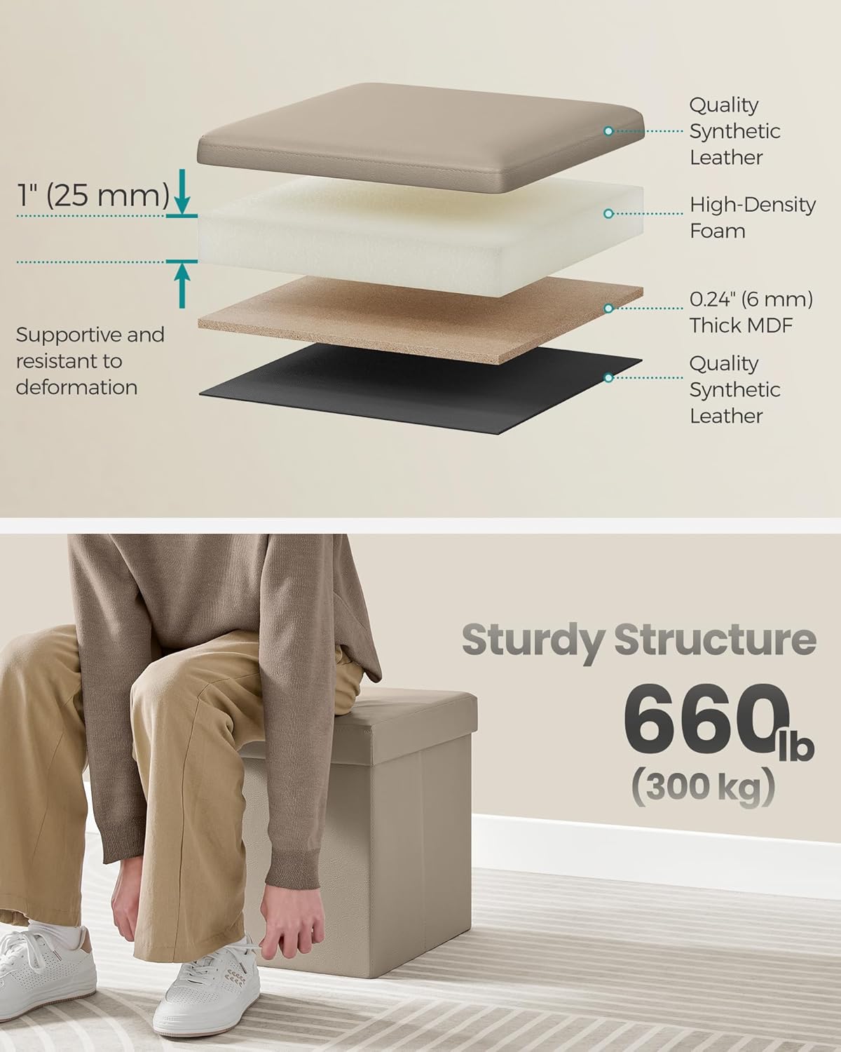 SONGMICS Mazie Collection - 15 Inches Ottoman with Storage, Footstool, Storage Ottoman, Load 660