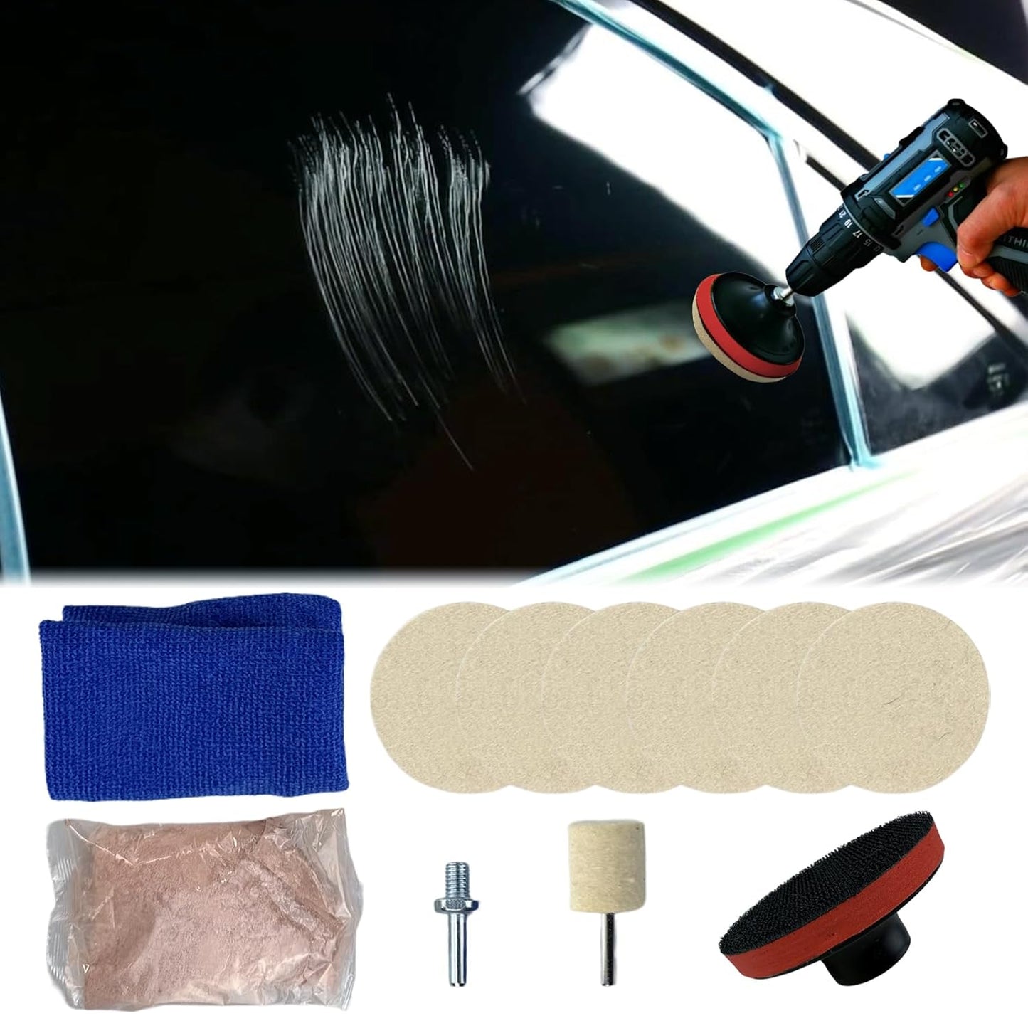 9Pcs/Set Glass Polishing Kit, 100g Cerium Oxide Powder Polishing Kit with Towel Polishing Wheels