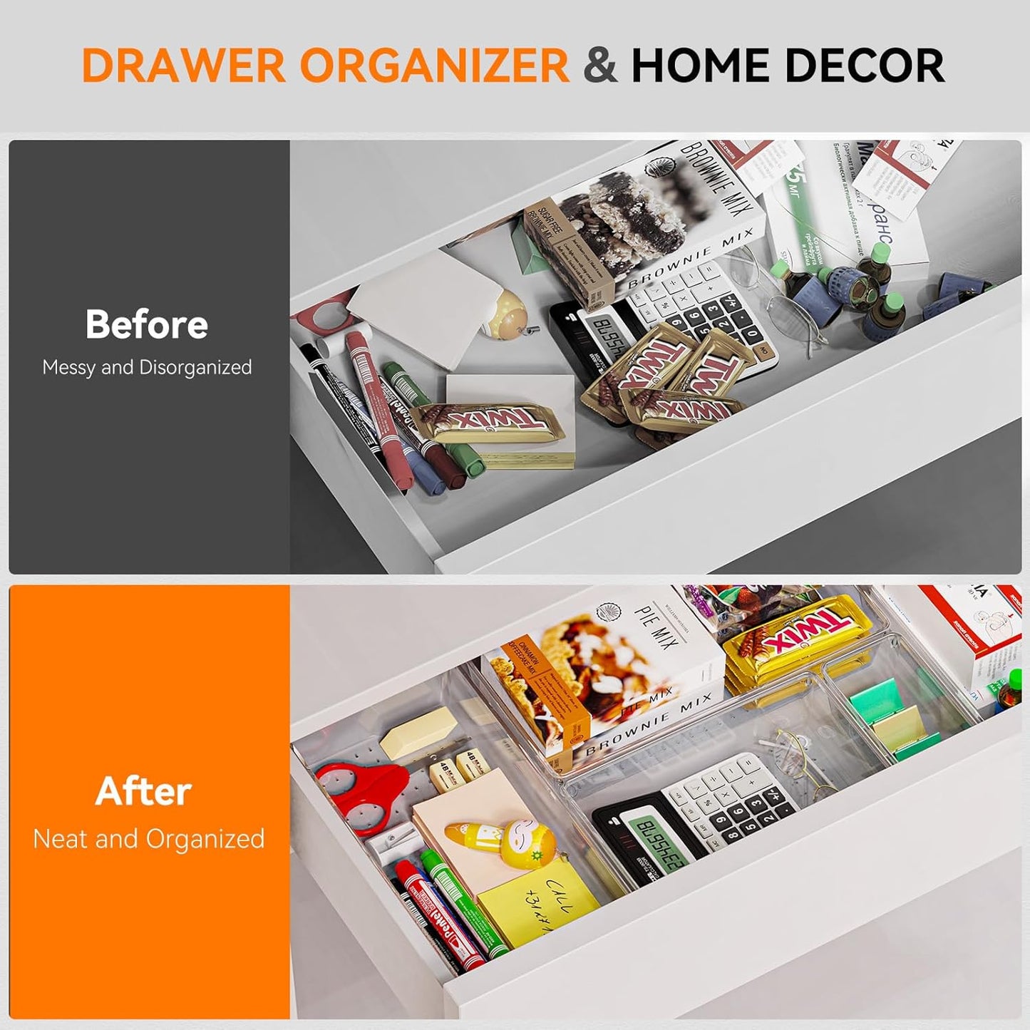 Criusia 8 Pack Drawer Organizer for Kitchen Gadgets, Large Clear Plastic Drawer Divider for Kitchen