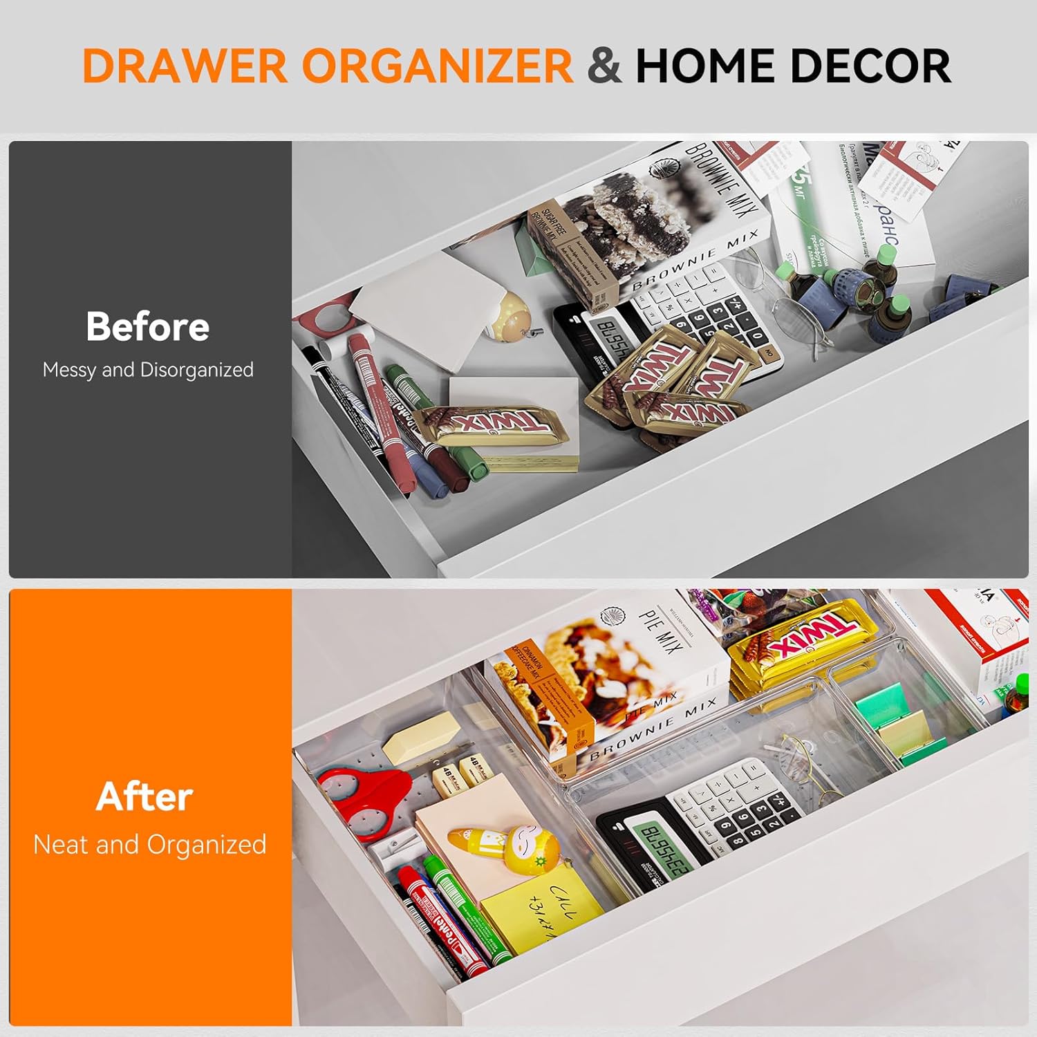 Criusia 8 Pack Drawer Organizer for Kitchen Gadgets, Large Clear Plastic Drawer Divider for Kitchen