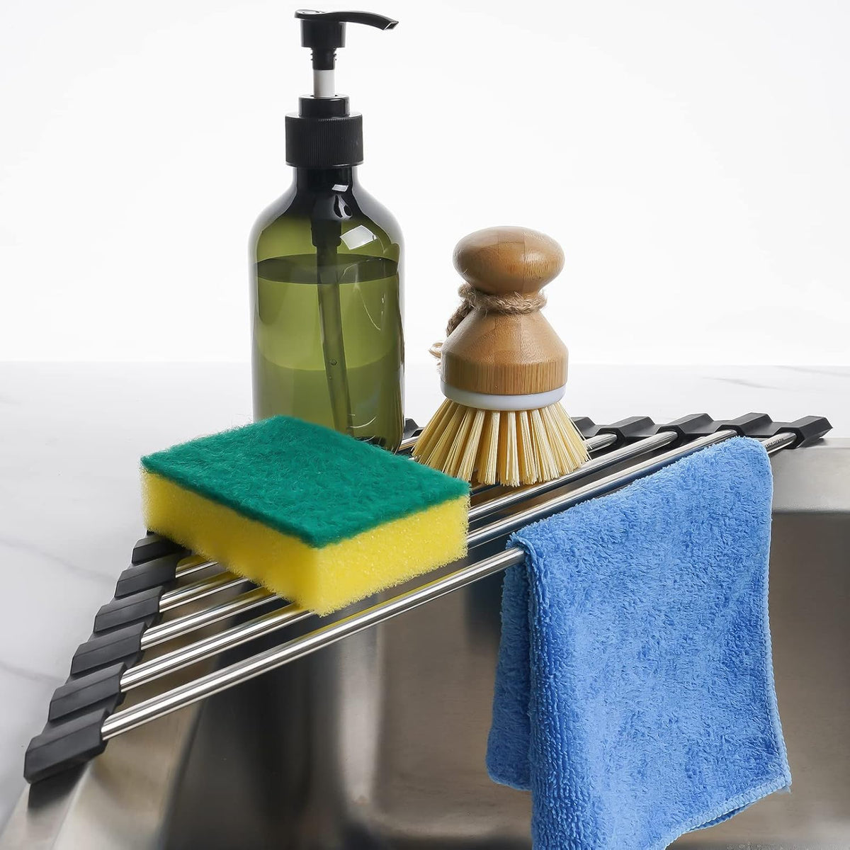 Tomorotec Foldable Stainless Steel Triangle Roll-Up Dish Drying Rack for Small Sink Corners