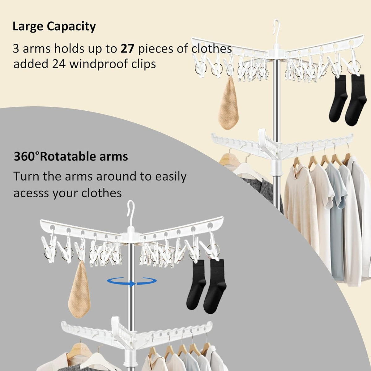 SUYU Clothes Drying Rack,Folding Clothes Drying Tree, 2 Layer with 24 Clips and 3 Rotatable