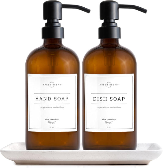 Vine Creations Amber Glass Soap Dispenser, 2 Pack Kitchen Soap Dispenser Set with Ceramic Tray