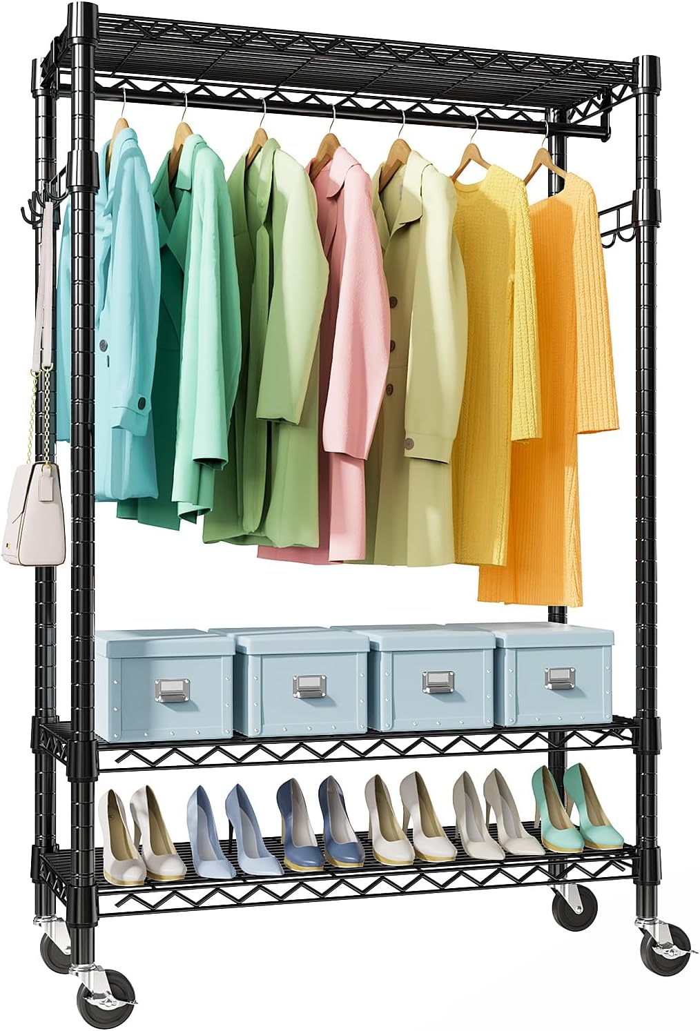 Heavy Duty Rolling Garment Rack 3 Tiers Adjustable Wire Shelving Clothes Rack with Rods and Side