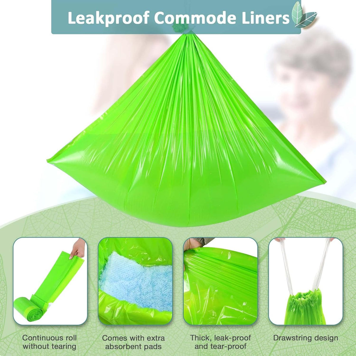 Bedside Commode Liners, 150 Bags + 150 Pads for Bedside Toilet Chair Bucket, Super Absorbent