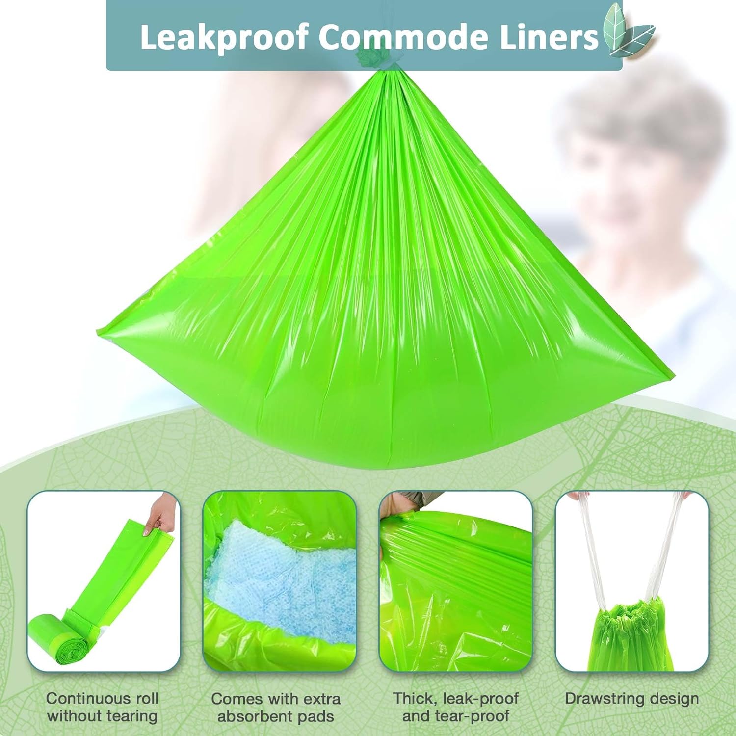 Bedside Commode Liners, 150 Bags + 150 Pads for Bedside Toilet Chair Bucket, Super Absorbent