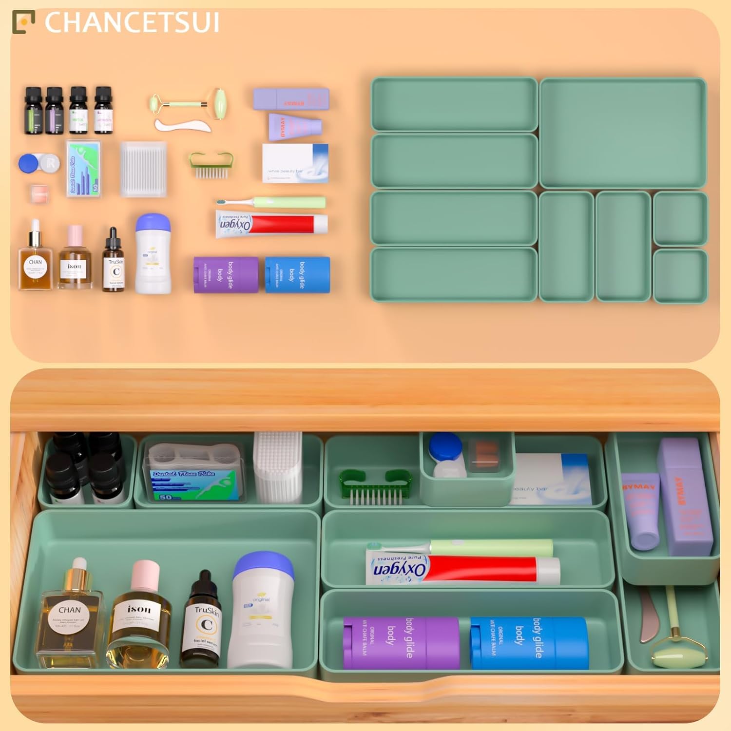CHANCETSUI 9 Pcs Stackable Drawer Organizer Trays Set, Green, Multifunctional Storage for Vanity