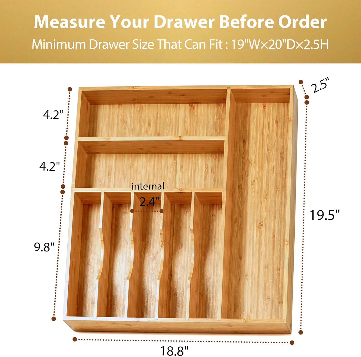 Umilife Large Kitchen Drawer Organizer, 19"x20" Silverware Utensils Organizer, 2.5" High for Large