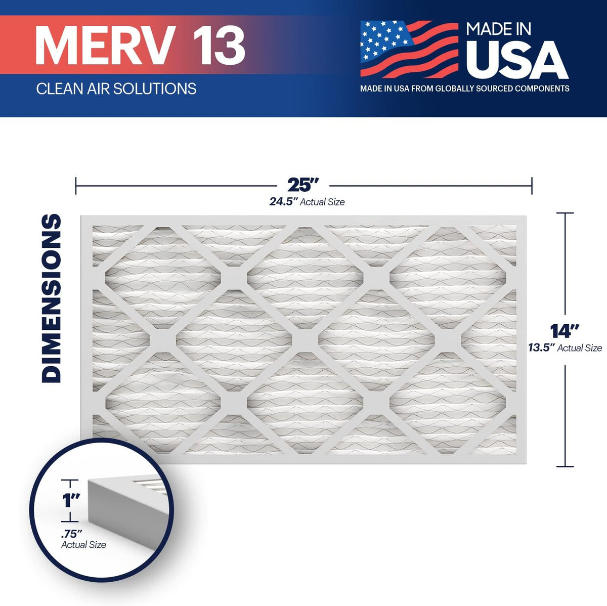 BNX 14x25x1 MERV 13 Air Filter 12 Pack - MADE IN USA - Electrostatic Pleated Air Conditioner HVAC