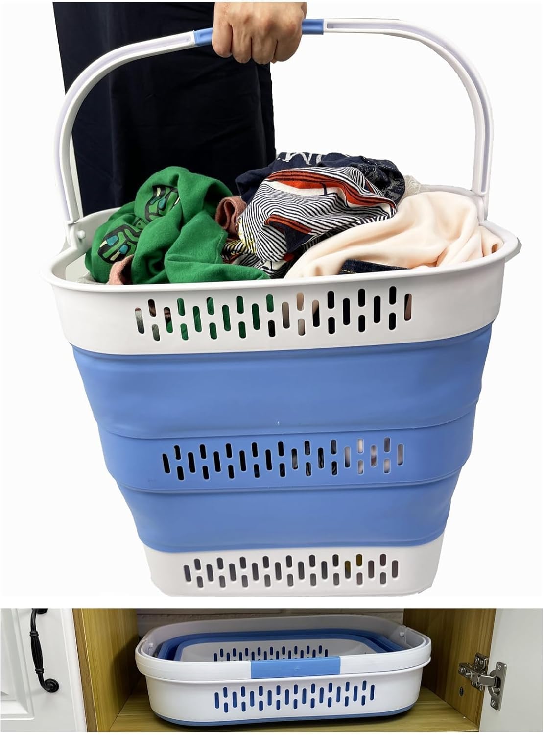 SAMMART 40L (10.5 Gallon) Collapsible Plastic Laundry Basket with Handles - Foldable Pop Up Storage