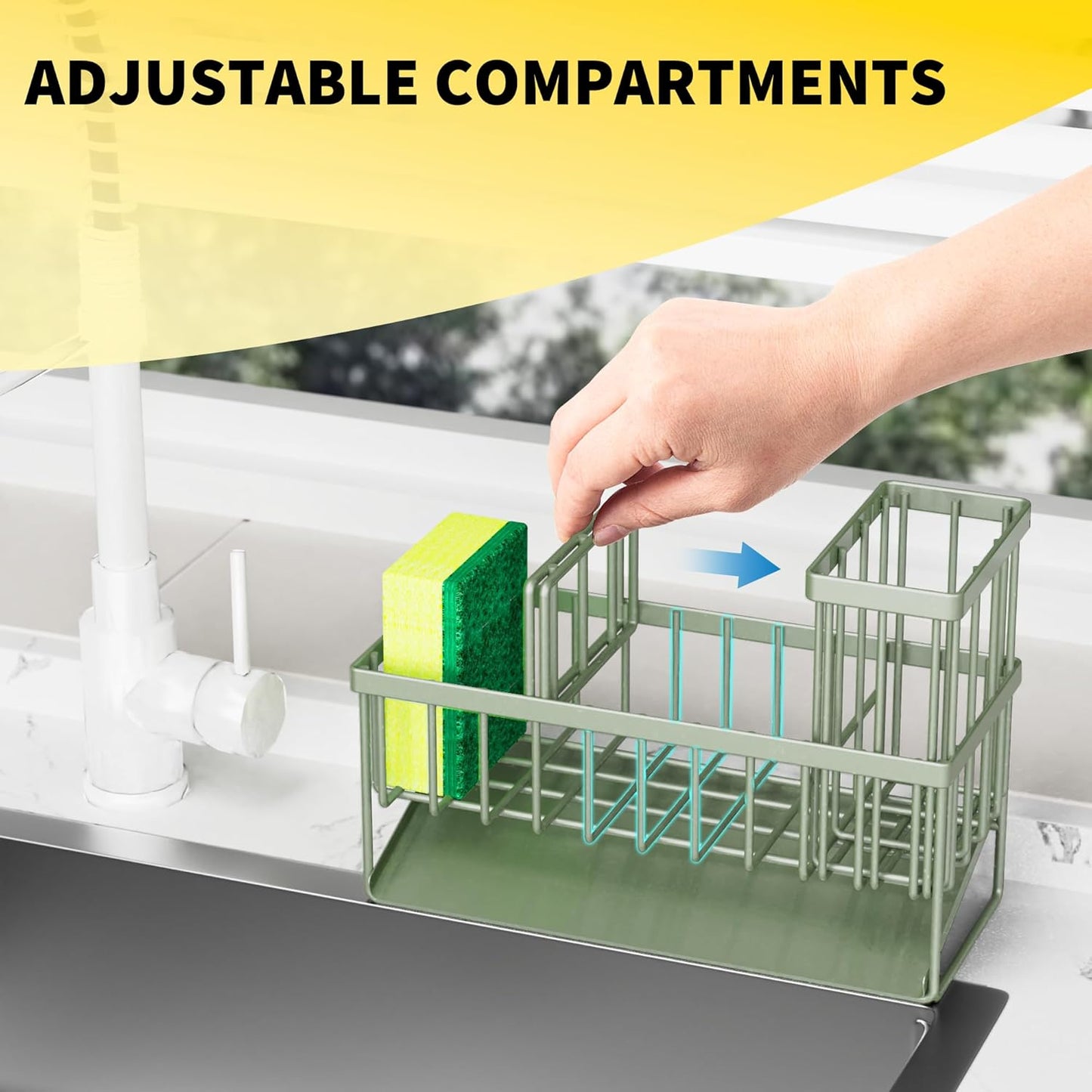 Cisily Kitchen Sink Caddy - Sponge Holder and Organizer with High Brush Holder, 304 Stainless