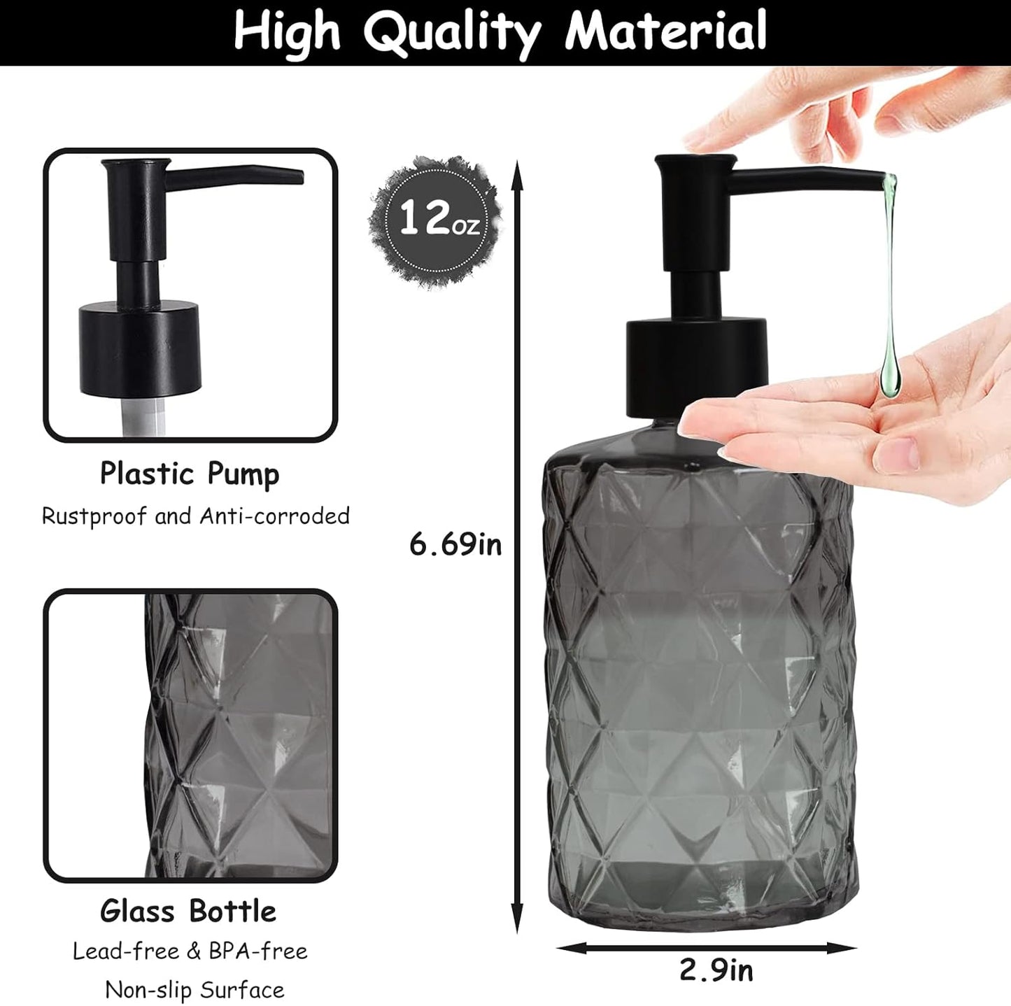 Glass Soap Dispenser with Black Plastic Pump, 12oz Refillable Liquid Hand Soap Dispenser, Crystal