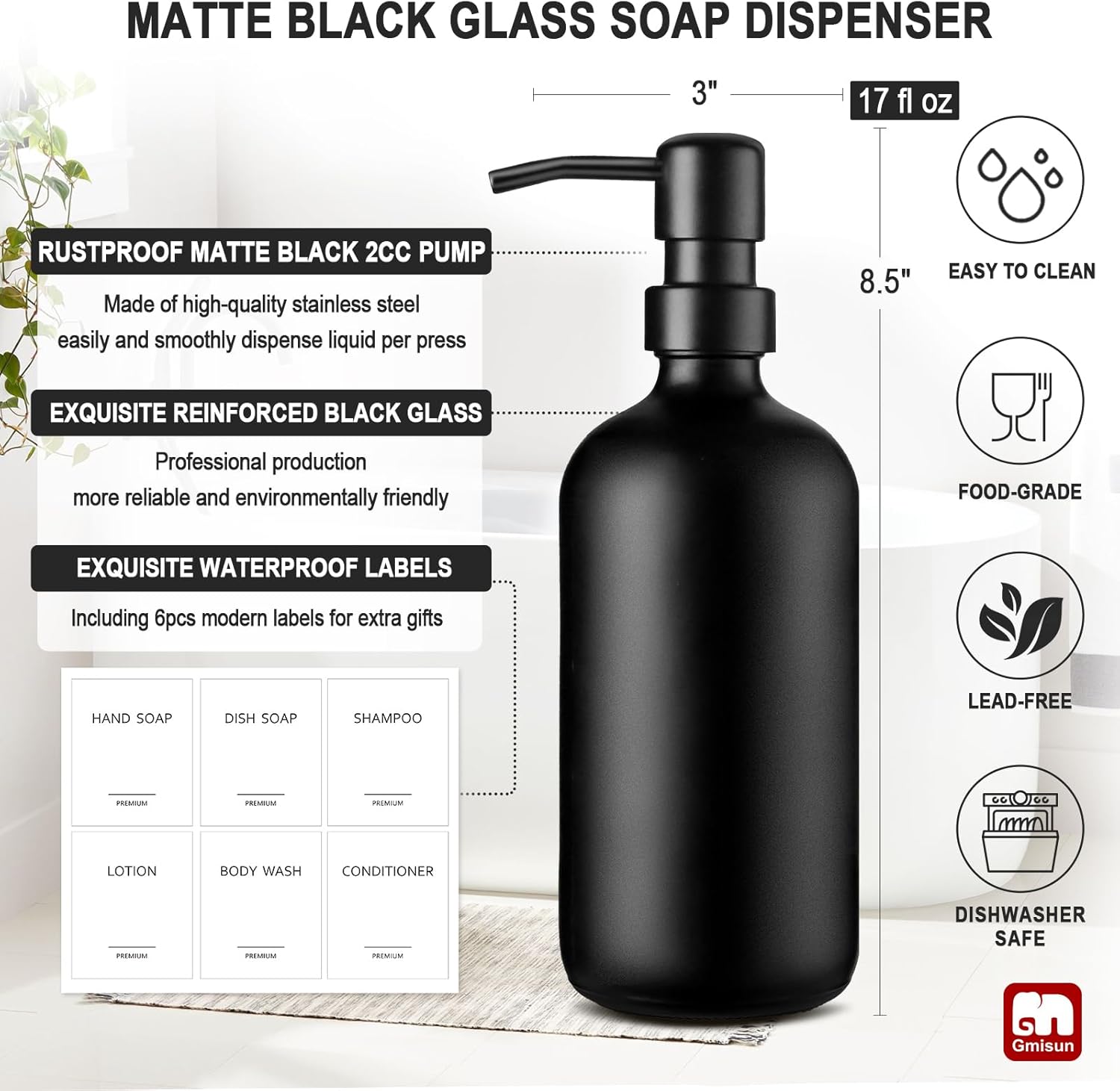 GMISUN Black Soap Dispenser, 2 Pack Matte Black Hand Soap Dispensers for Bathroom, 17 Fl Oz Glass