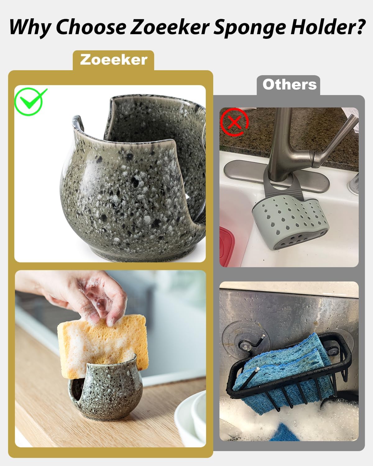 Ceramic Sponge Holder, Kitchen Sponge Holder Sink Caddy Organizer Dish Rack for Kitchen Sink