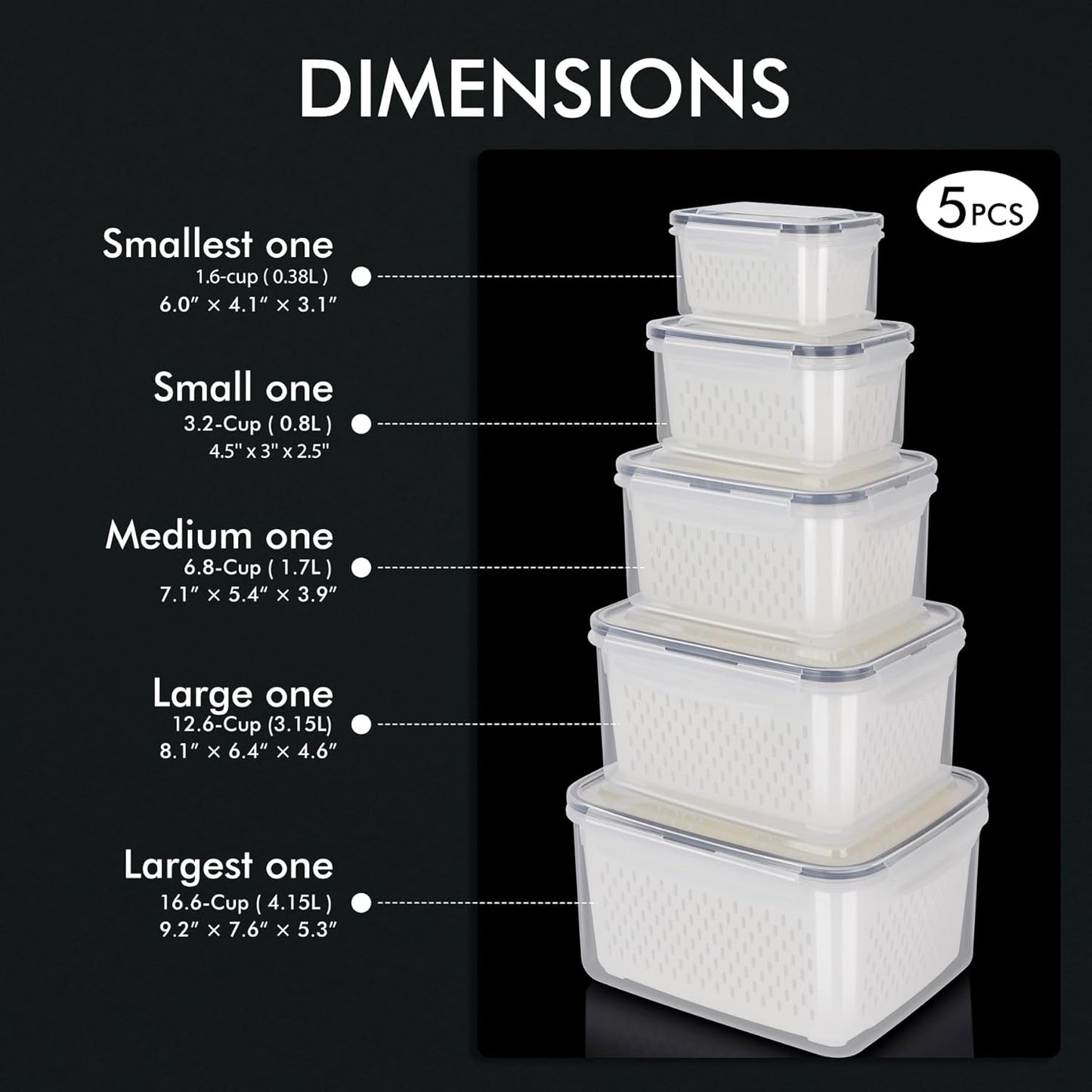 HOTEC 5-Pack Large Fruit Storage Container for Fridge Leak proof with Removable Colander, BPA Free