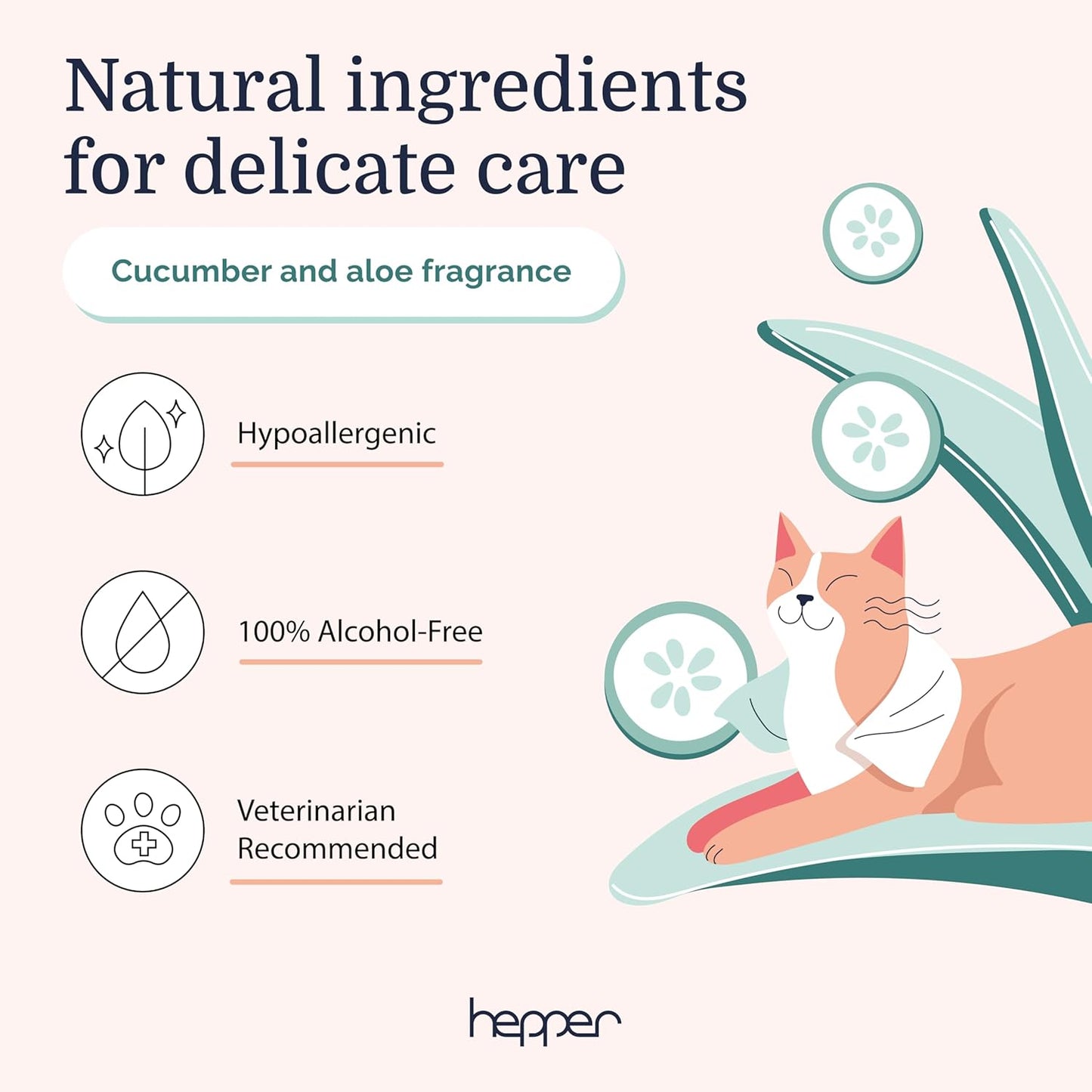 Hepper Wash Wipes - Soft Pet Cleaning Wipes Enriched with Aloe & Cucumber Scent for Waterless