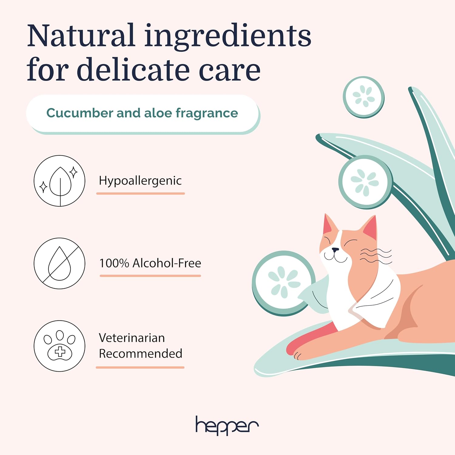 Hepper Wash Wipes - Soft Pet Cleaning Wipes Enriched with Aloe & Cucumber Scent for Waterless