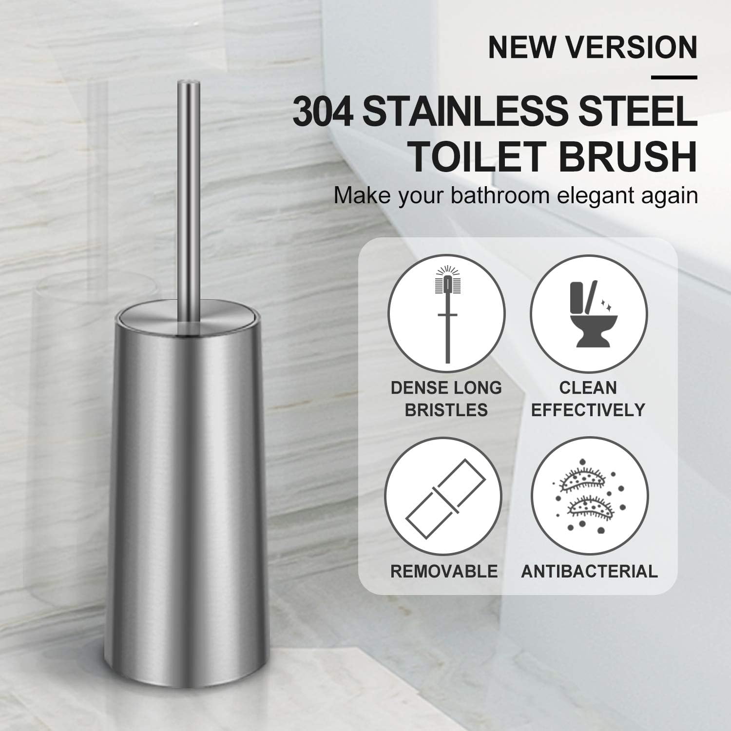 Toilet Brush and Holder, 2 Pack Toilet Brush with 304 Stainless Steel Long Handle, Toilet Bowl