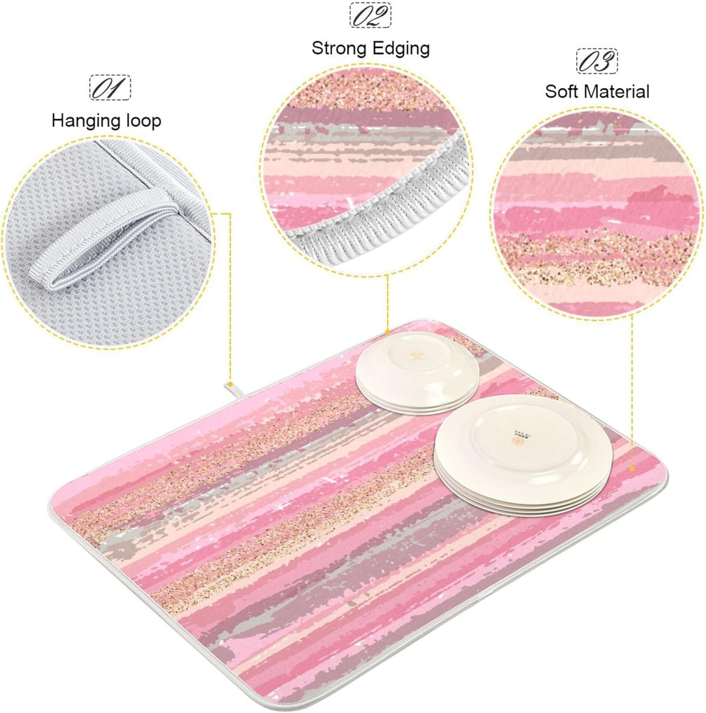 Pink Gold Stripe Dish Drying Mat for Kitchen Countertop 18x24 Rectangle Large Drying Mat Reusable