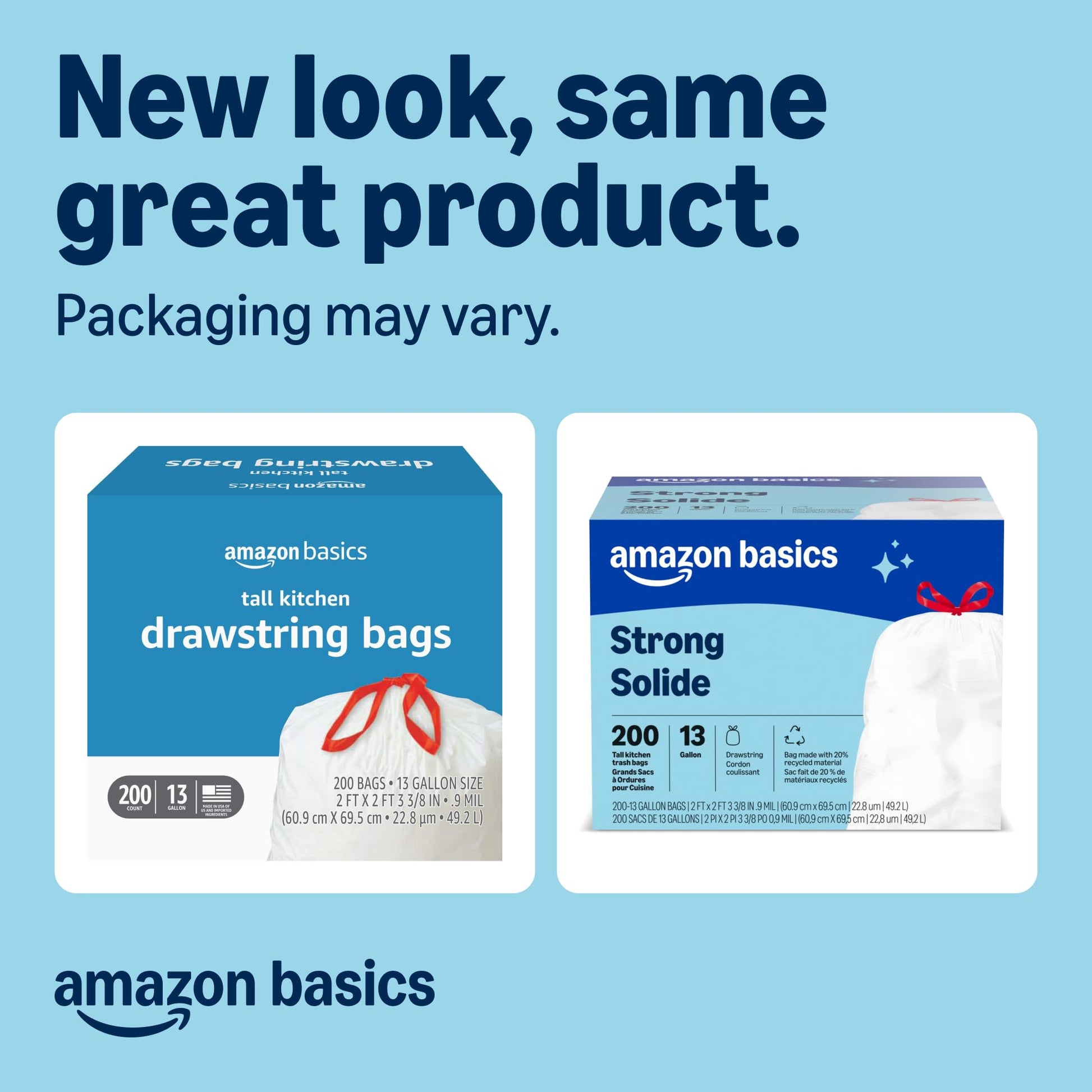 Amazon Basics Trash Bags, Tall Kitchen Drawstring, Unscented, 13 Gallon, 200 Count, Pack of 1