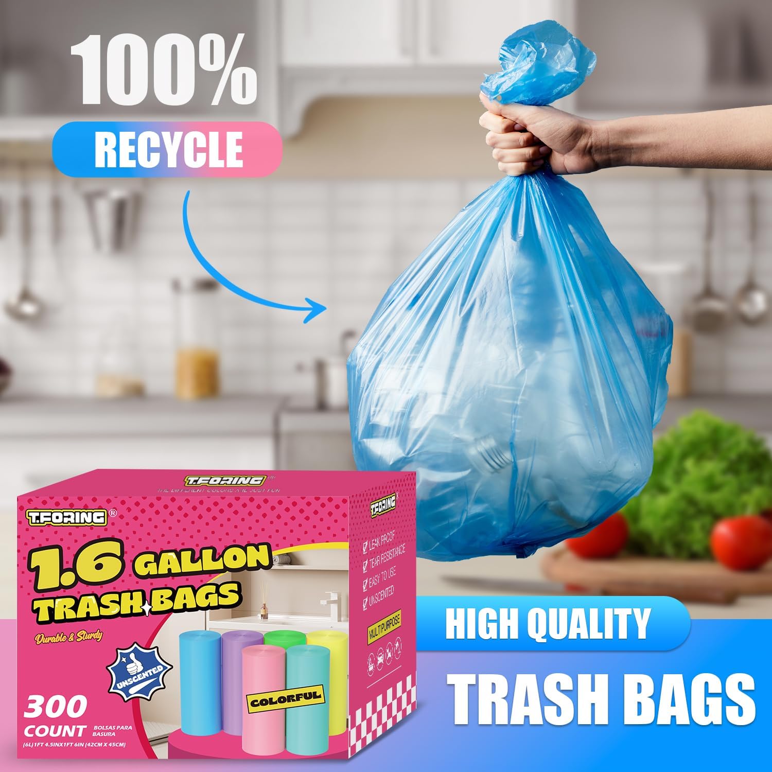 300 Count 1.6 Gallon Mini Trash Bags - 6 Liter Colored Small Garbage Bags Unscented Mini Can Liners