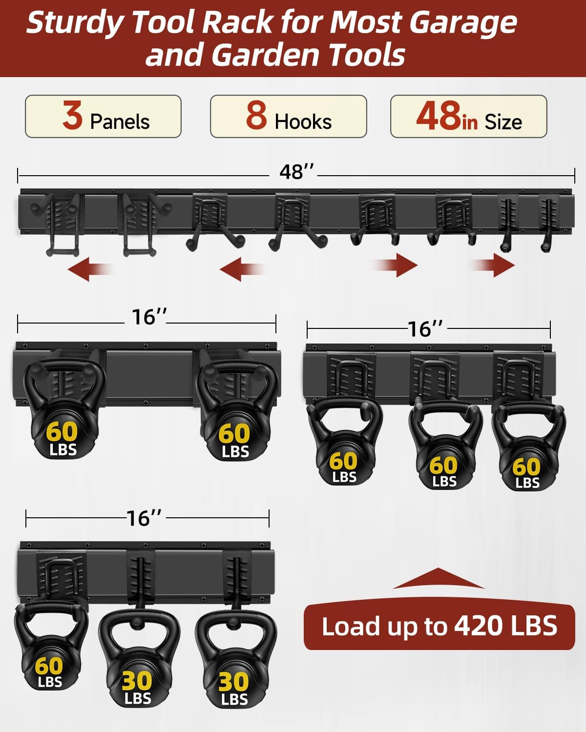 48-Inch Garage Storage Tool Organizer with 8 Hooks - Heavy Duty Metal Rack for Garage Organization