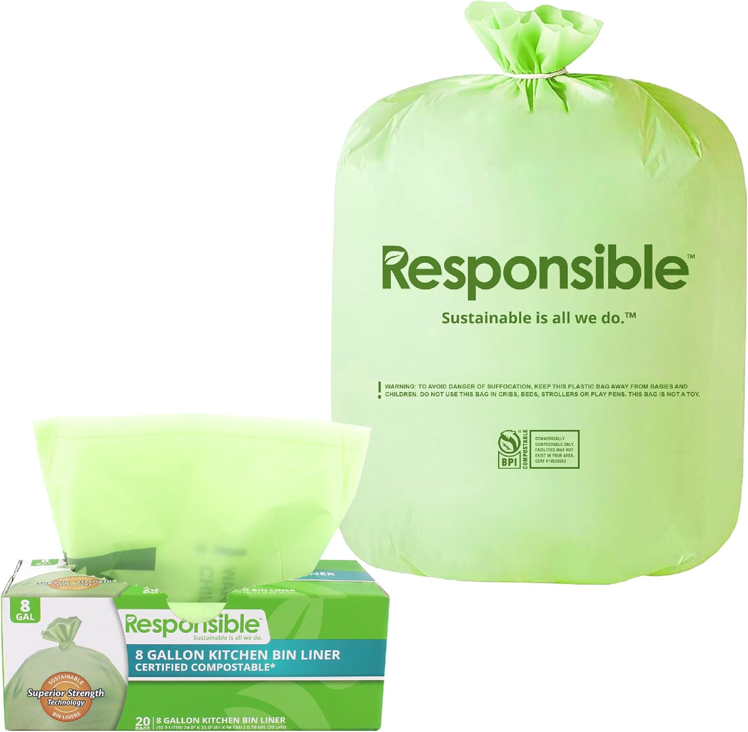 Responsible Products Kitchen Bin Liners, Certified Compostable, Heavy Duty Multipurpose Food Scrap