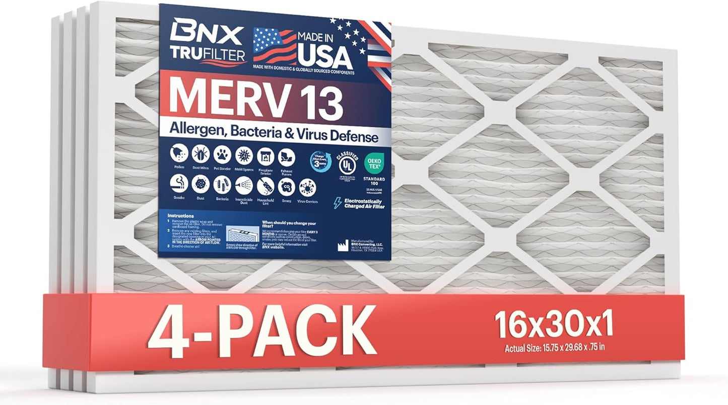 BNX TruFilter 16x30x1 Air Filter MERV 13 (4-Pack) - MADE IN USA - Electrostatic Pleated Air