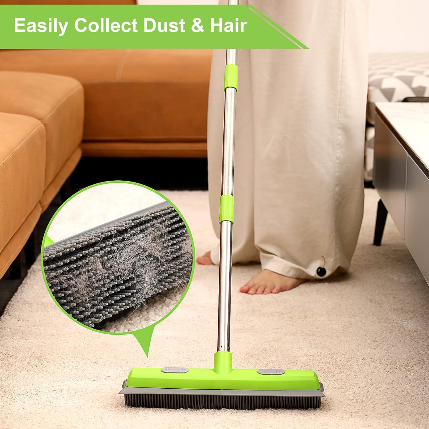 Rubber Broom with Squeegee for Carpet Pet Hair Remover,57 inch Long Handled Fur Remover