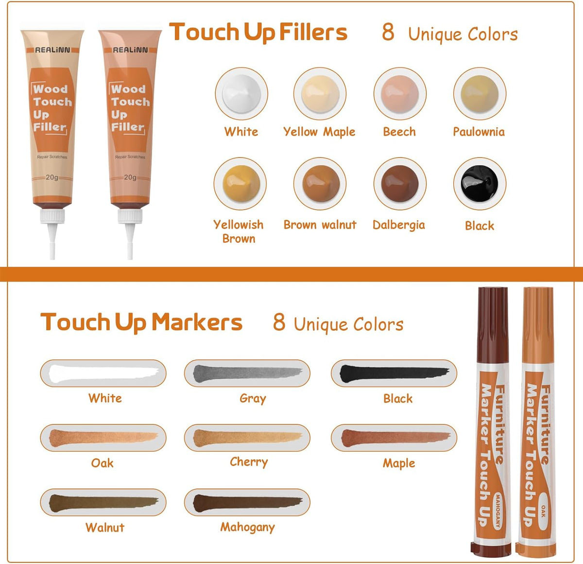 REALINN Wood Furniture Repair Kit 8 Light Colors- Wood Fillers and Touch Up Markers, Repair