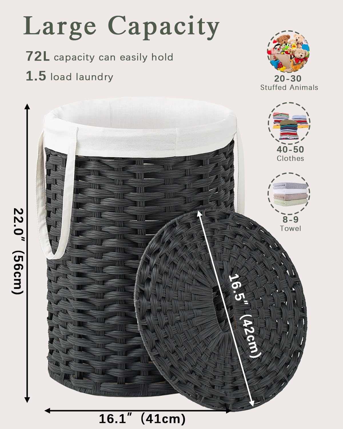 Laundry Hamper with Lid Laundry Basket with Lid 19.0 Gal (72 L) Round Wicker Laundry Basket